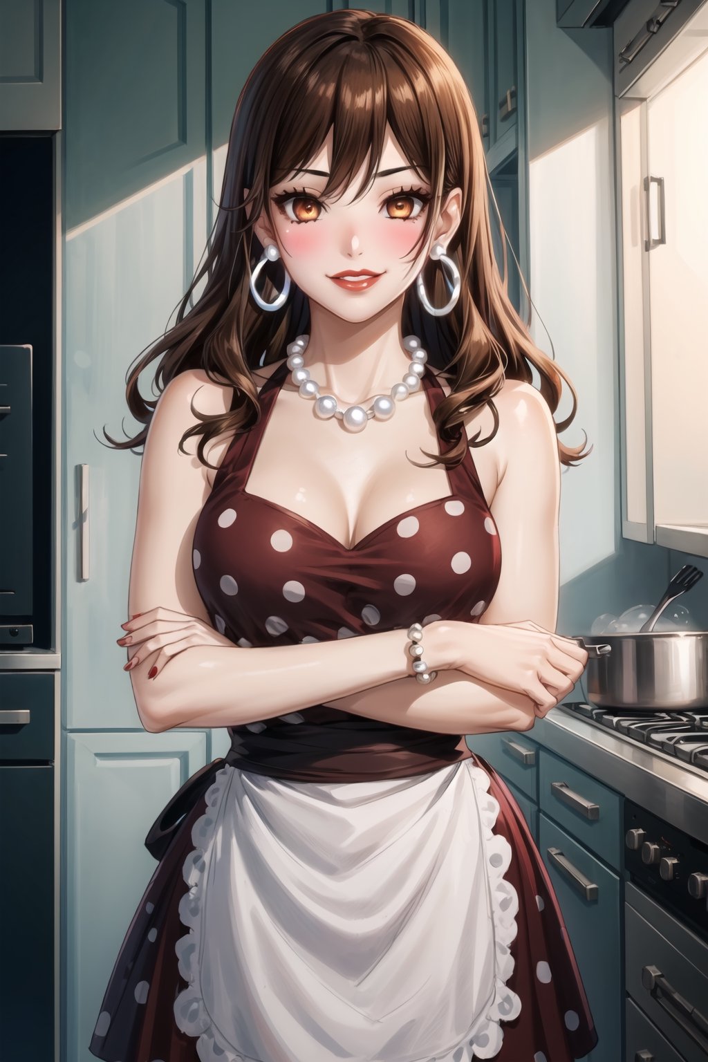 ((best quality)),  ((highly detailed)),  masterpiece,1girl, 1girl,  evil smile:1.2, smug, seductive smile, solo,   (Stepford),lips, makeup, lipstick,red lips, (pose:1.3),(polka dot:1.4), (polka dot dress:1.4),(pearl necklace:1.2), pearl bracelet, bare shoulders,(red dress:1.2),(aroused), blush ,standing,  (large pearl necklace), (hoop earrings:1.2),  (apron), blush,, looking at viewer, standing, cowboy shot, fingernails, kitchen, cooking, indoors, house, windows, cortain, food, hori kyouko, brown hair, orange eyes