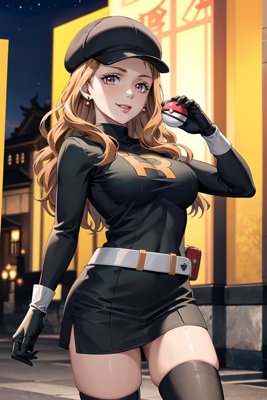 (best quality), (highly detailed), masterpiece, (official art), mimosa vermillion, Orange hair,red eyes, red earrings, poke ball, poke ball (basic), holding poke ball, black headwear, cabbie hat, hat, posing, lips, ( evil smile), ,Grunt Team Rocket, dress, black dress, long sleeves, gloves, elbow gloves, belt, grey belt, skirt, thighhighs, looking at viewer, china, asiática, city, night, sky, (intricately detailed, hyperdetailed), blurry background,depth of field, best quality, masterpiece, intricate details, tonemapping, sharp focus, hyper detailed, trending on Artstation,1 girl, high res, official art,