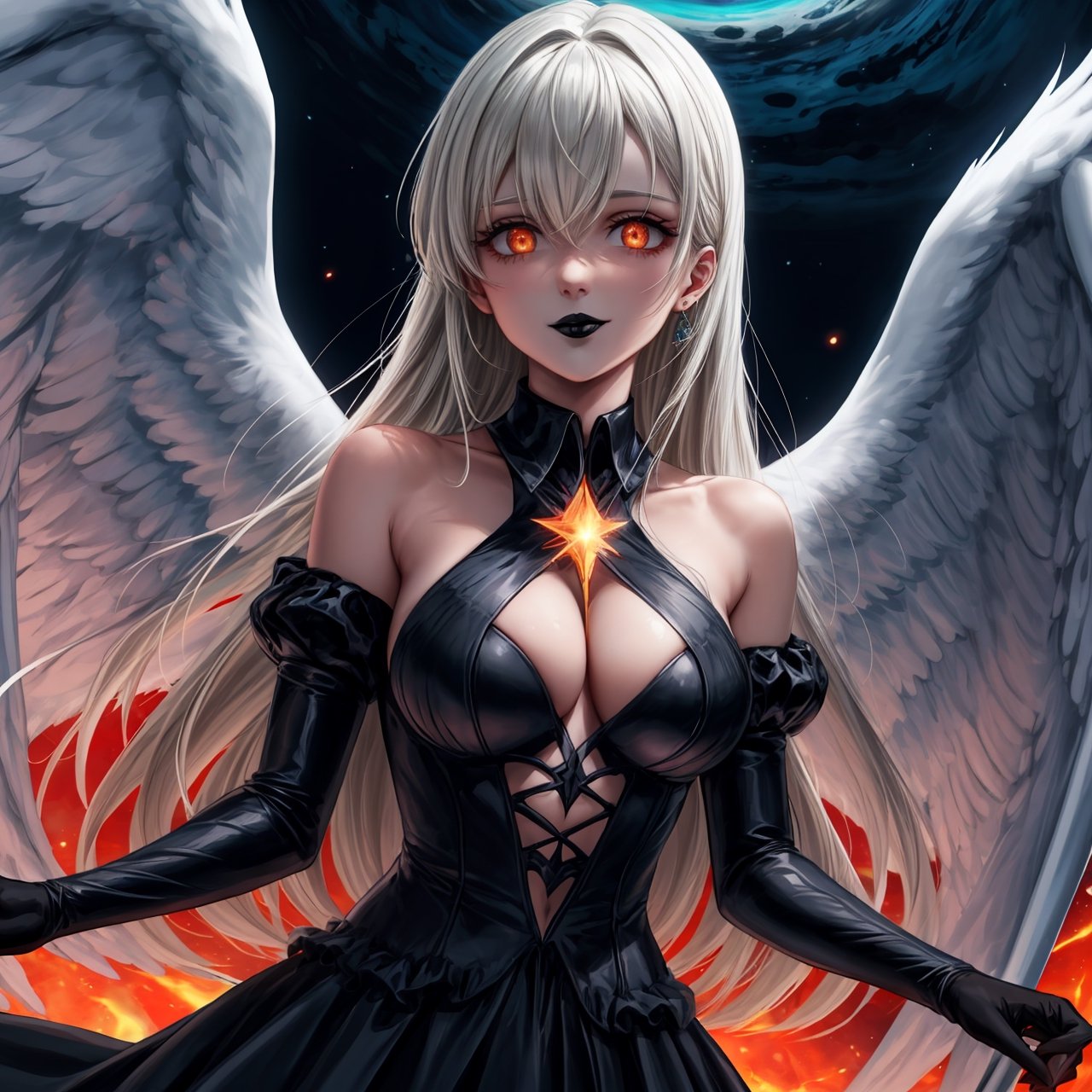 masterpiece, best quality, absurdres, 4k, 8k, uhd create fallen archangel,detailed angel wins, bloodlust, (dutch angle), hell. fire, (black wings),black dress, elizabeth, red glowy eyes, eerie, creepy, nightmarish, very bright colors, light particles, wallpaper art, ((cosmic energy)),high detailed ,evil smile, white hair, ((black lips))