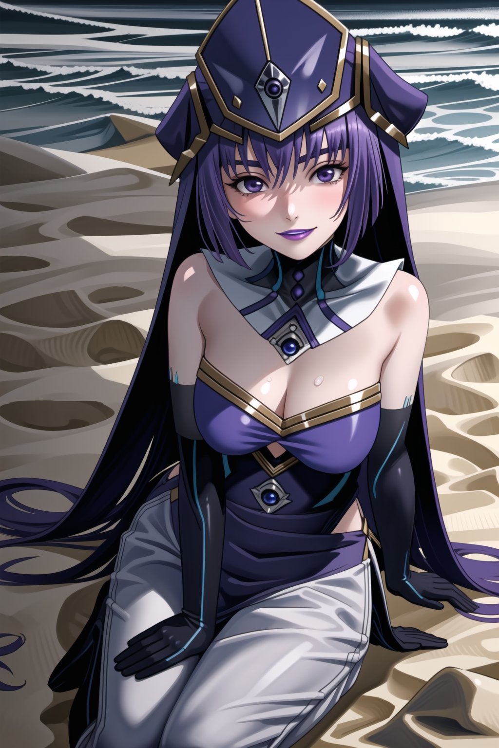 ((best quality)),  ((highly detailed)), ((sumire kakei, long hair:1.2, purple hair, purple eyes)) , masterpiece, 1girl,  evil smile:1.2, smug, seductive smile, solo, ,lips, makeup, ,standing,  MirrorMaiden, dress, cleavage, makeup, lipstick, blue lips, blue headwear, hat, fur trim, blue gloves, gloves, elbow gloves, white pants,boots,  blush, beach, sand, water, sitting, posing, outdoors, ,MirrorMaiden,sumire kakei,<lora:659111690174031528:1.0>