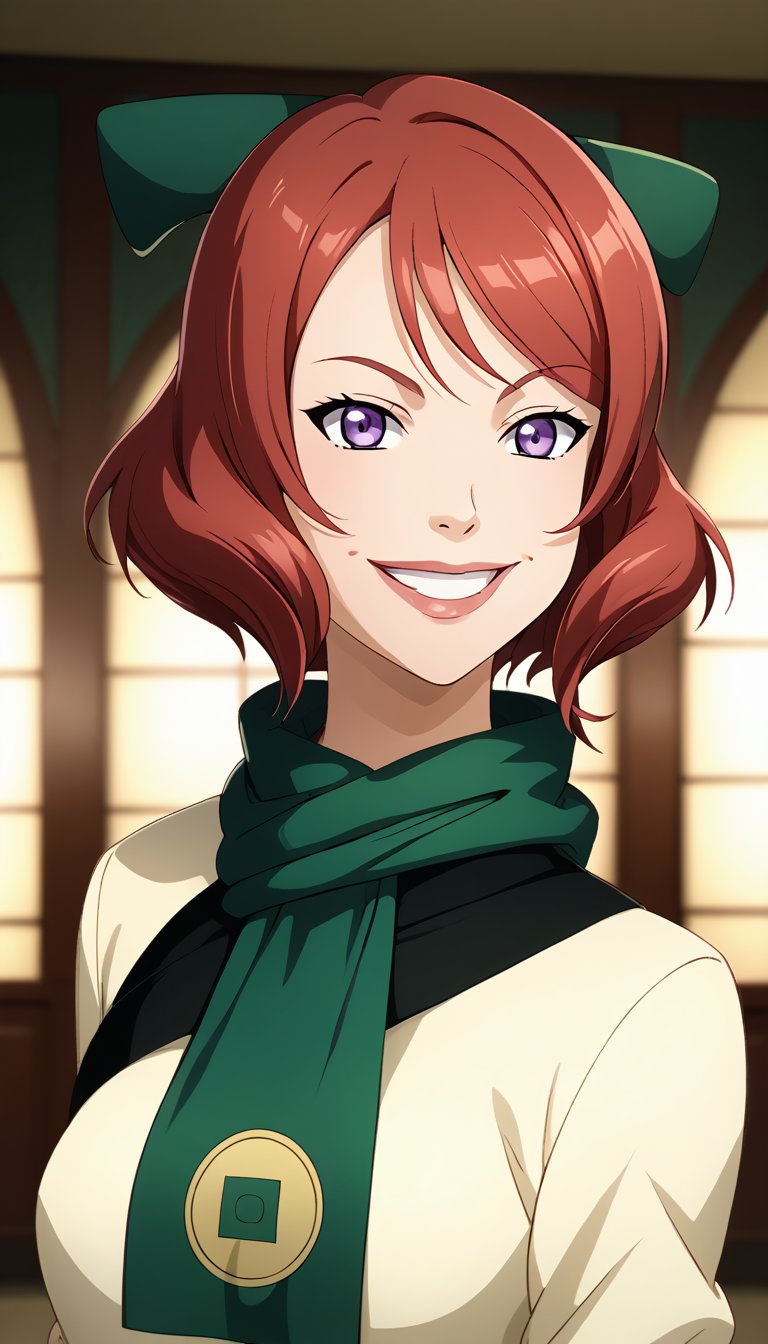 score_9, score_8_up, score_7_up, intricate details,1girl, lovelive_maki, nishikino maki, red hair, short hair, indoors,joo dee, dress, scarf, hair ornament, grin, smile, lips, cowboy shot, smirk, arms at sides