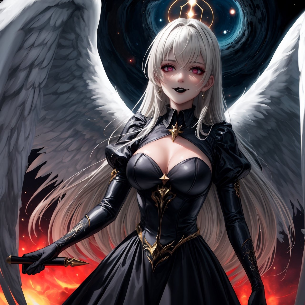 masterpiece, best quality, absurdres, 4k, 8k, uhd create fallen archangel,detailed angel wins, bloodlust, (dutch angle), hell. fire, (black wings),black dress, elizabeth, red glowy eyes, eerie, creepy, nightmarish, very bright colors, light particles, wallpaper art, ((cosmic energy)),high detailed ,evil smile, white hair, ((black lips))