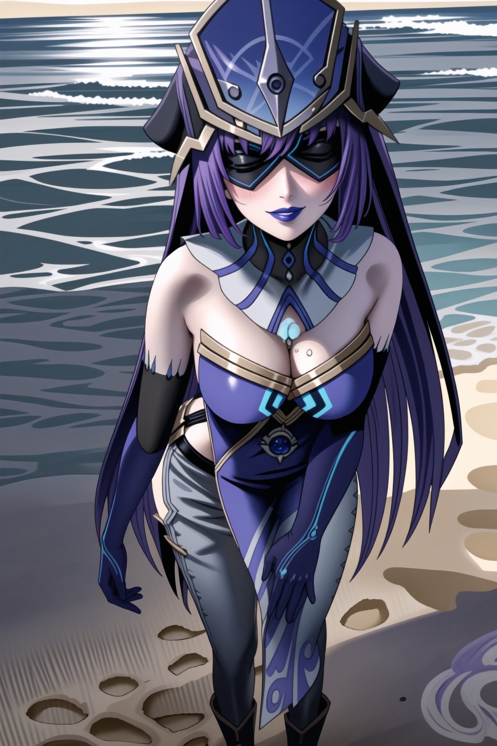 ((best quality)),  ((highly detailed)), ((sumire kakei, long hair:1.2, purple hair)) , masterpiece, 1girl,  evil smile:1.2, smug, seductive smile, solo, ,lips, makeup, ,standing,  blindfold, mask, eye mask,MirrorMaiden, dress, cleavage, makeup, lipstick, ((blue lips:1.2)), blue headwear, hat, fur trim, blue gloves, gloves, elbow gloves, white pants,boots,  blush, beach, sand, water, posing, outdoors, ,MirrorMaiden,sumire kakei,<lora:659111690174031528:1.0>