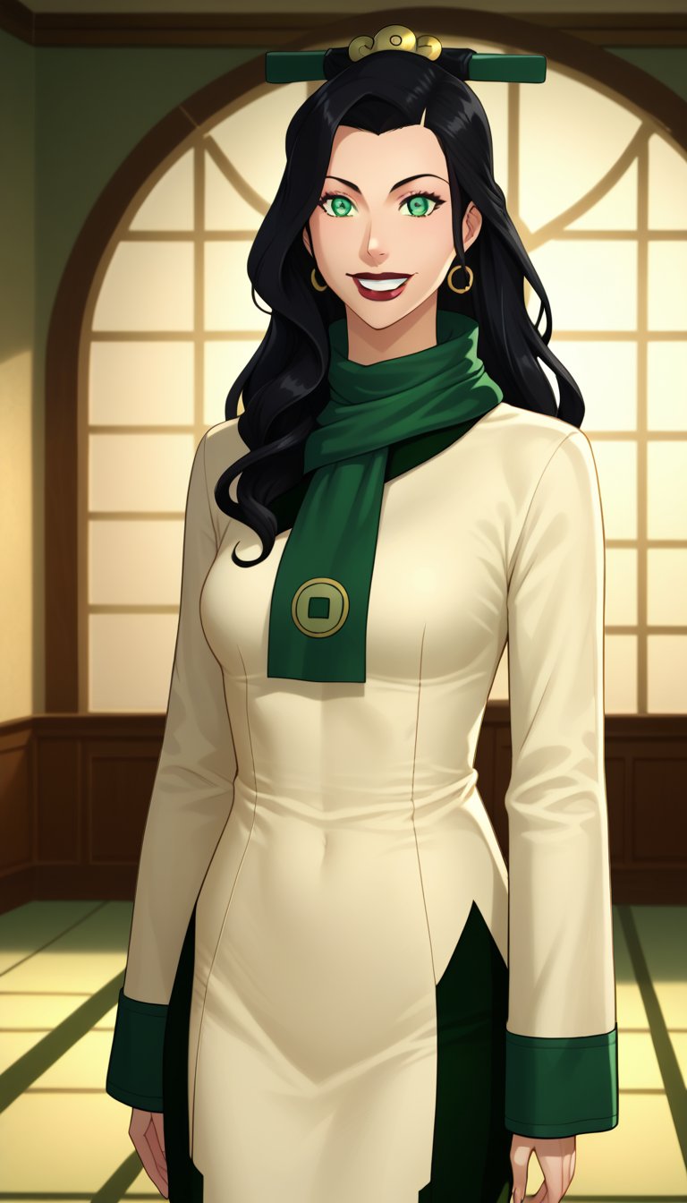 score_9, score_8_up, score_7_up, intricate details,1girl, Long hair, black hair, lipstick, green eyes, asami,, indoors,joo dee, dress, scarf, hair ornament, grin, smile, lips, joo dee,  full body