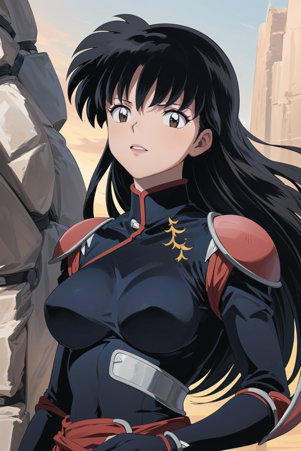 ((best quality)), ((highly detailed)), masterpiece, ((official art), medium breasts, (((bodysuit, pauldrons, armor))),(higurashi kagome, black hair, brown eyes, long hair), lips,  Japan, intricately detailed, hyperdetailed, blurry background,depth of field, best quality, masterpiece, intricate details, tonemapping, sharp focus, hyper detailed, trending on Artstation,1 girl, high res, official art,beautiful detailed eyes,