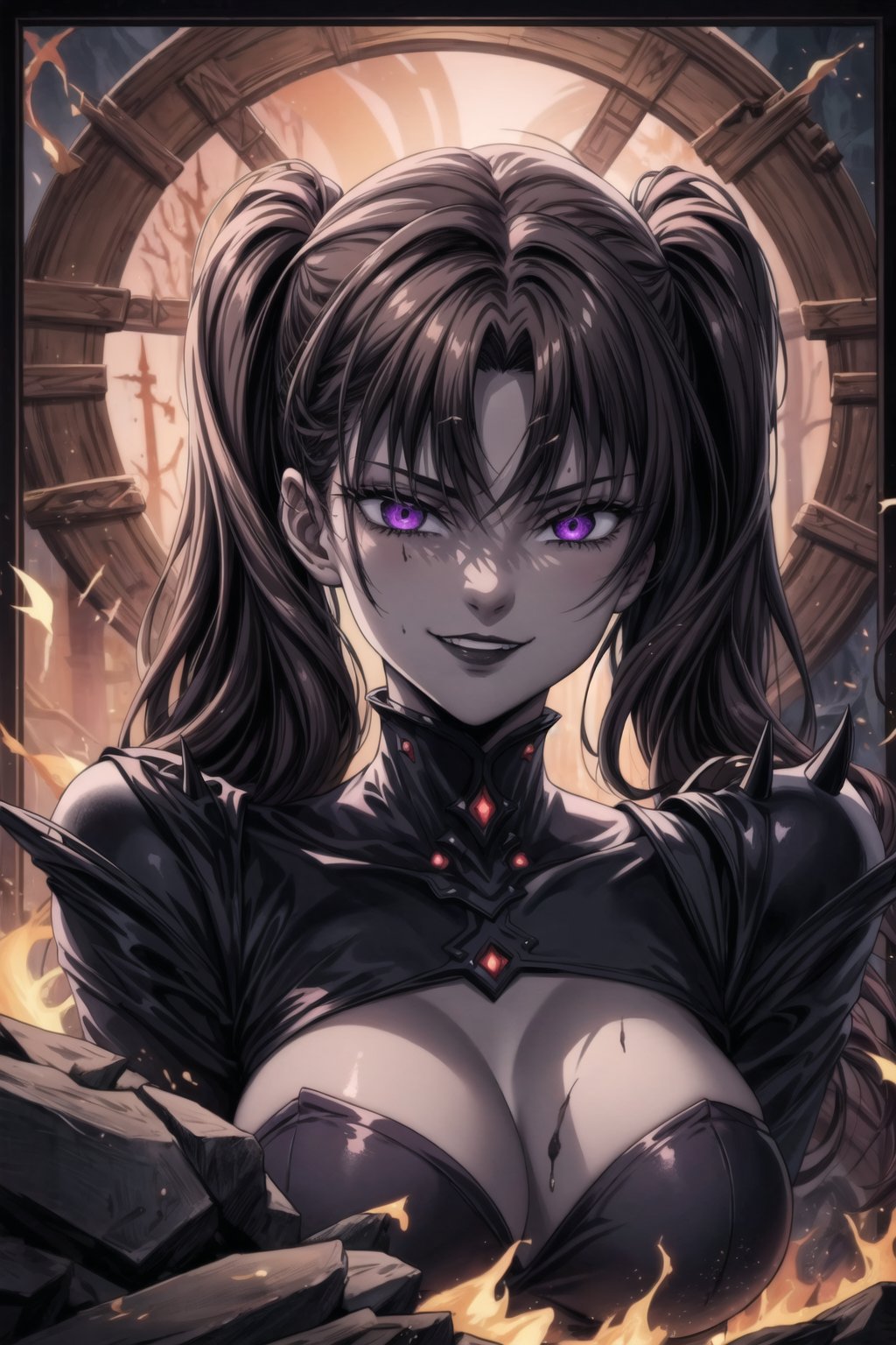 In a haunting anime illustration, Diane, once a personal minion and elite warrior, now serves as a succubus to Elizabeth, the ruler of hell. Diane's brown hair cascades in twintails with bangs, framing her face with an eerie glow emanating from her unnatural purple eyes. Her lips curve into a sinister smile, painted black like dark magic itself. Wearing a revealing, spiked armor adorned with infernal symbols, she exudes unwavering loyalty and cruelty, reflecting her complete devotion to Elizabeth's will. The hellish landscape behind her features rivers of lava, jagged rocks, and tormented souls, set against an eerie red and black glow that accentuates the dark atmosphere of their domain.