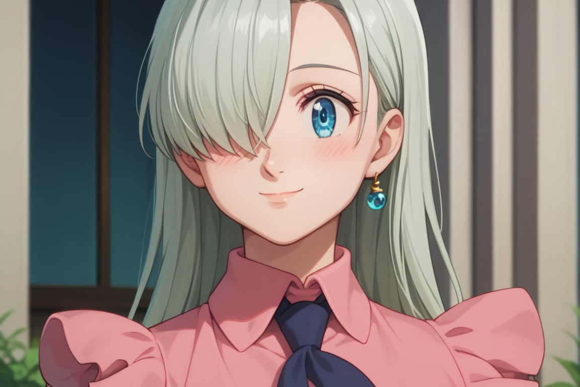 score_9, score_8_up, score_7_up,elizabeth, looking at viewer, blush, smile, blue eyes, shirt, jewelry, closed mouth, earrings, necktie, collared shirt, hair over one eye, shiny hair, parody, pink shirt, single earring, anime coloring