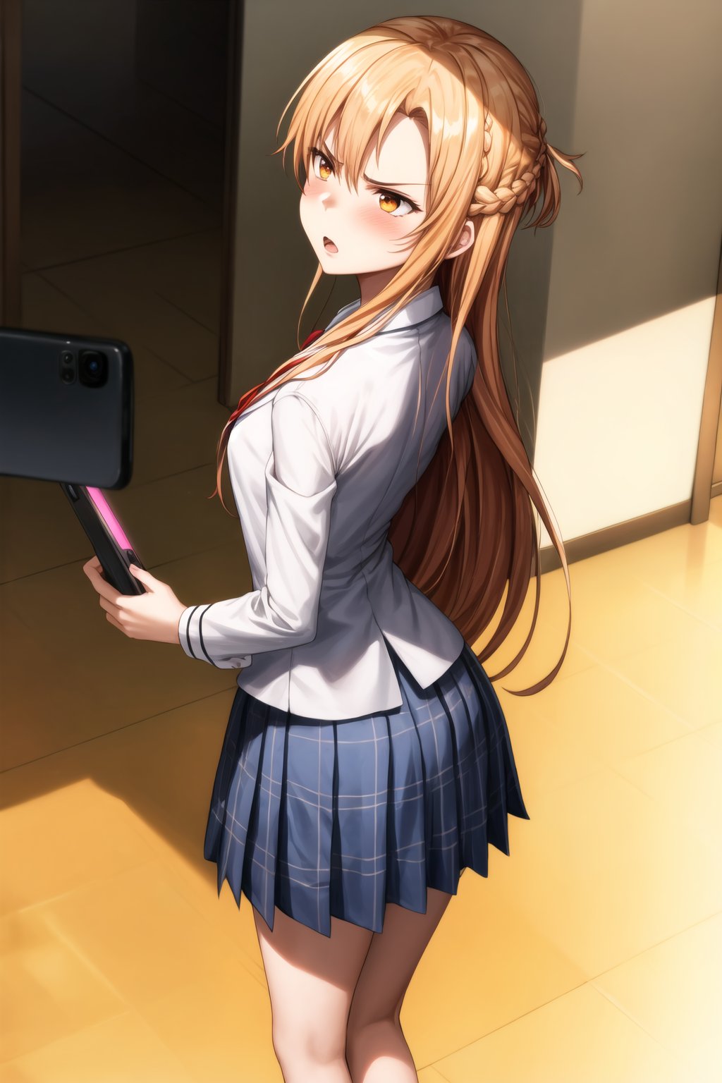 1girl, solo, asuna yuuki,  long hair, french braid, orange hair, angry expression, furrowed brows, lips, open mouth, angry, 
arms outstretched ,school uniform, standing in hallway, slight blush of frustration, hallway with background students looking over, bright afternoon sunlight, dramatic shadows on floor,b1mb0, (mind_control:1.2), (beautiful_hands), (perfect_hands),  (backPhone:1.4),