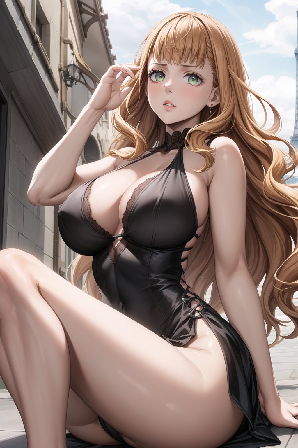 ((best quality)), ((highly detailed)), masterpiece, ((official art)), detailed face, beautiful face, (detailed eyes, deep eyes),,mimosa vermillion, green eyes, orange hair, wavy hair, bangs A captivating close-up image of CF1n3M, a striking woman with a cascade of dark brown hair falling gracefully over her left shoulder and highlights of blonde streaks adorning the other, poses confidently with parted lips in a bold. She is dressed in a sleek, form-fitting black dress that hugs her curvaceous figure, revealing her slender waist and long, toned legs. The dimly lit Parisian street scene serves as the backdrop, with the Eiffel Tower faintly visible in the distance. The camera angle is low, looking up at her from a slightly off-center position, casting an ethereal glow on her porcelain skin. Her eyes sparkle with a fierce intensity that commands attention, as she locks eyes with the viewer, exuding an air of mystery and allure in this dramatic, black-and-white portrait.