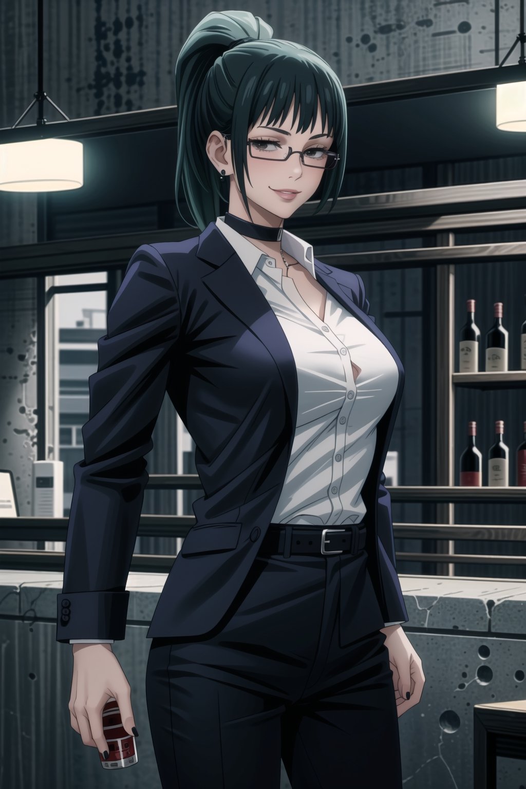 ((best quality)),  ((highly detailed)),  masterpiece,1girl, 1girl, (lips:1.2), seductive smile, smirk, naughty_face,nail polish, solo,   black pants,  formal,  black jacket,  open jacket,  (white shirt),  belt, ,  black jacket, (black suit),  long sleeves,  shirt tucked in,, (black choker), blush, earrings, black nails, looking at viewer, standing, cowboy shot, fingernails,  bar,outdoor,lamp,nigth,space, alcohol, sexy pose:1.2, purple nails, wristband ,zenin_maki, green hair, brown eyes, ponytail, glasses, bangs,<lora:659111690174031528:1.0>