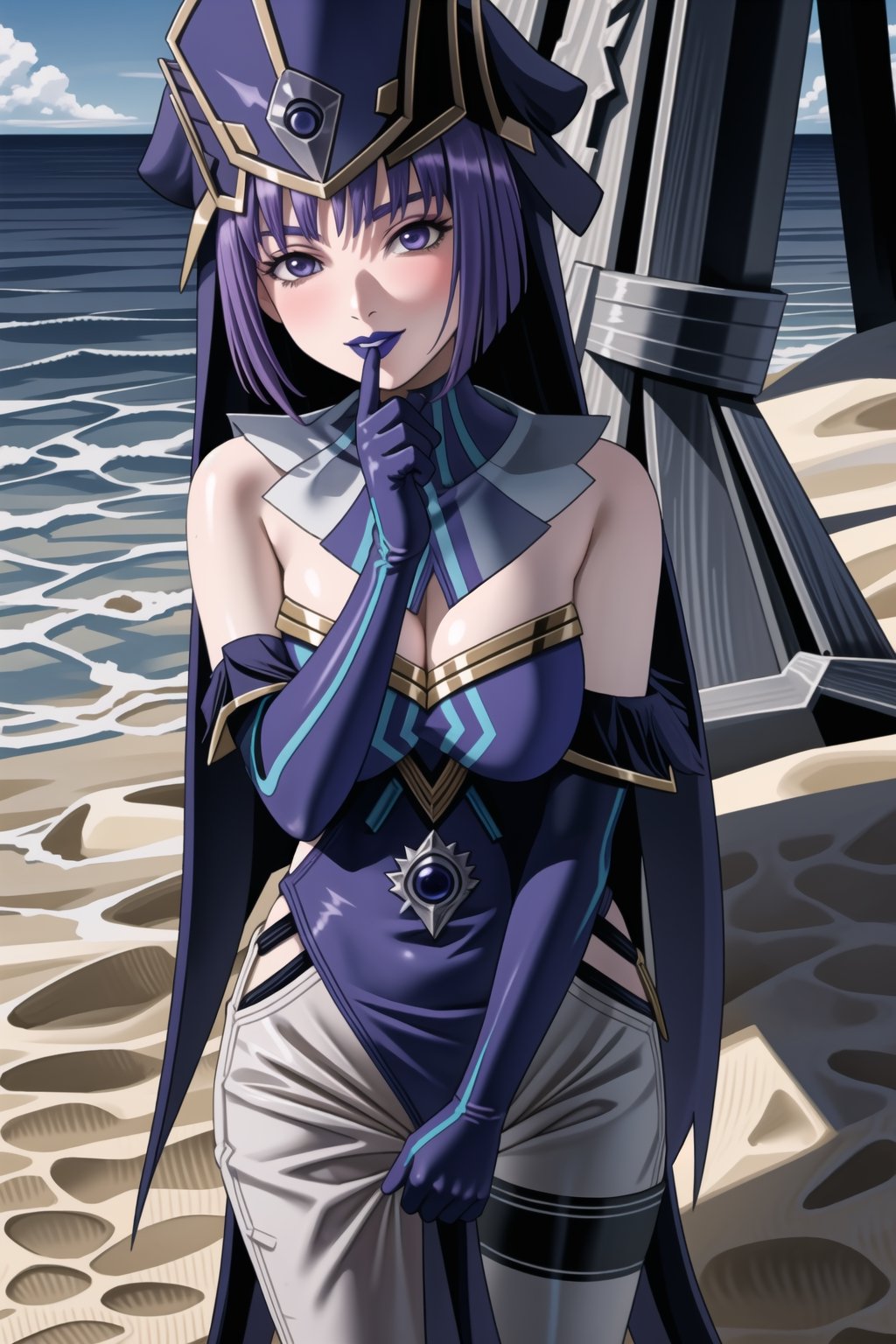 ((best quality)),  ((highly detailed)), ((sumire kakei, long hair:1.2, purple hair, purple eyes)) , masterpiece, 1girl,  evil smile:1.2, smug, seductive smile, solo, ,lips, makeup, ,standing,  MirrorMaiden, dress, cleavage, makeup, lipstick, ((blue lips:1.2)), blue headwear, hat, fur trim, blue gloves, gloves, elbow gloves, white pants,boots,  blush, beach, sand, water, posing, outdoors, ,MirrorMaiden,sumire kakei,<lora:659111690174031528:1.0>