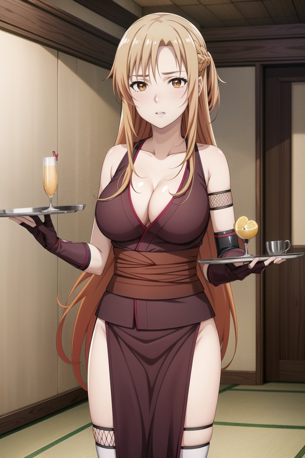 masterpiece,best quality,highres,ultra-detailed,asuna yuuki, long hair, orange hair, brown eyes, empty eyes:1.3,  holding tray, tray:1.3, alcohol, breasts,  solo, ninja, cleavage, thighhighs, pelvic curtain, gloves, fishnets, large breasts, japanese clothes,  bare shoulders, sash,  (indoors:1.2), (royal room:1.2), (latex), standing, StandingAtAttention,b1mb0,night club,lemon0021,,asuna yuuki,holding_tray,aaasuna,ninja