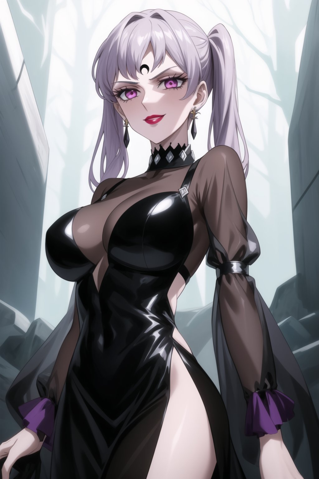 evil smile, red eyes, jewelry,  earrings, makeup, facial mark, lipstick,  forehead mark, crescent facial mark, black crystal earrings,crescent, , dress,black dress, see-through,,side slit, noelle_silva,silver hair,twintails,bangs,purple eyes
(best quality), (highly detailed), masterpiece, (official art), A dark and mysterious female character inspired by classic anime style,  She has a cold, expressionless face with pale skin and dark, bold lips, giving her a commanding and intimidating presence.  The overall atmosphere is dark and mysterious, with a sense of power and control emanating from her poised stance.,