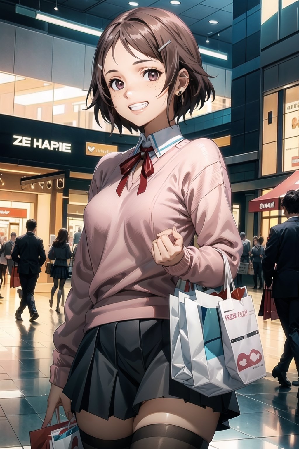 ((best quality)),  ((highly detailed)),  masterpiece,  ((official art)),  detailed face,  beautiful face,  (detailed eyes,  deep eyes),(, shopping_mall,, retail_therapy),  cowboy shot, extravagant shopping spree,  (shopping:1.2),high society,,(lips),(smile,  happy, teeth, grin),rika, brown hair, hair clip, brown eyes, freckles,Black skirt,school uniform,(( pink sweater:1.2)), zettai ryouiki, neck ribbon pleated skirt, black thighhighs,(at sides, looking at sides),hoop earring, curvaceous,  voluptuous body,  medium breast,  (intricately detailed, hyperdetailed), blurry background, depth of field, best quality, masterpiece, intricate details, tonemapping, sharp focus, hyper detailed, trending on Artstation, 1 girl, solo, high res, official art