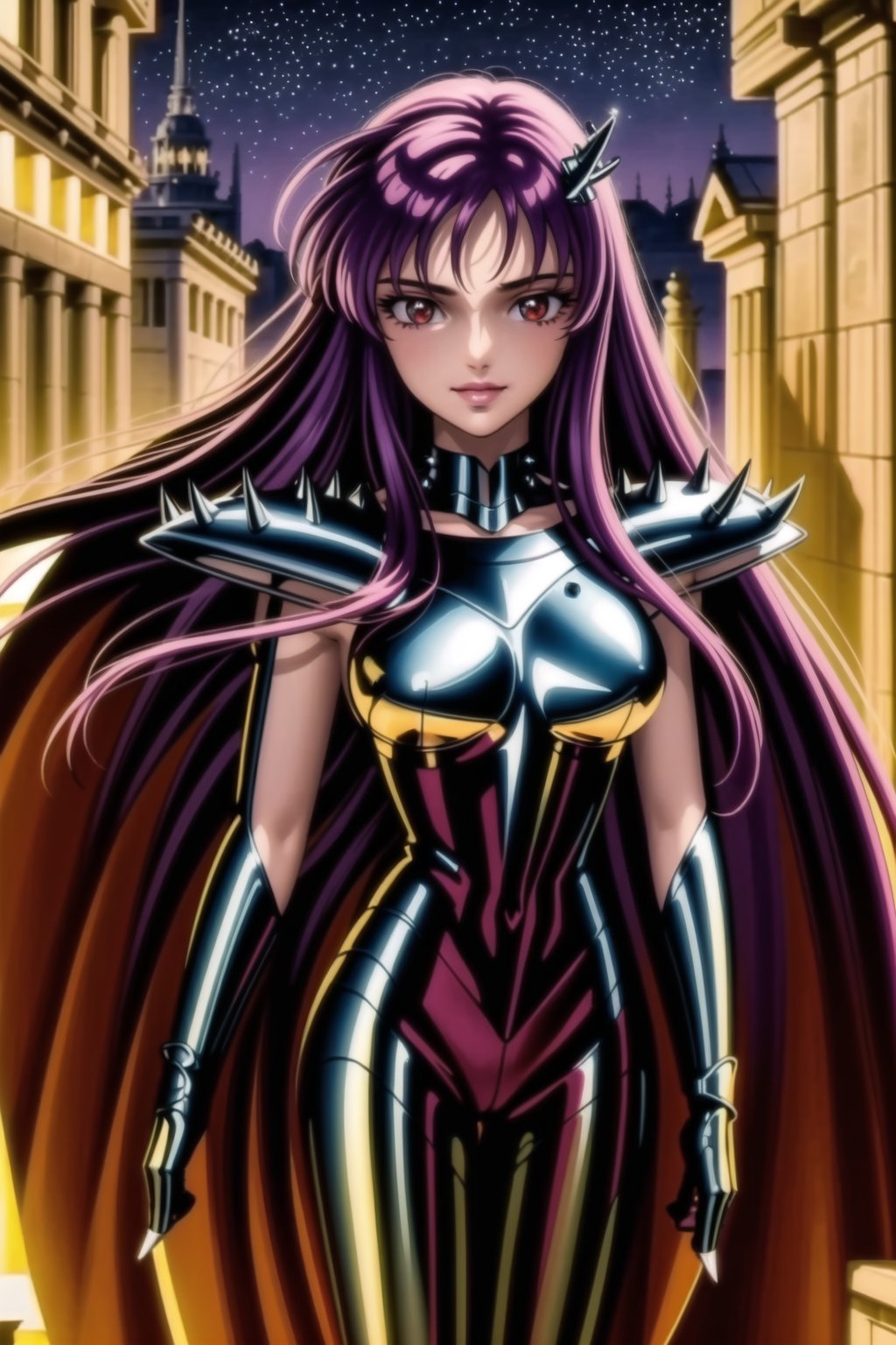 (best quality), (highly detailed), masterpiece, (official art), Saori, long hair, ((purple hair)), ((red eyes)), lips, (( evil smile)),((( black cape, nigth))),  ((latex, black armor, bodysuit, shoulder armor, spikes, pauldrons, black bodysuit )), outdoors, temple, (intricately detailed, hyperdetailed), blurry background,depth of field, best quality, masterpiece, intricate details, tonemapping, sharp focus, hyper detailed, trending on Artstation,1 girl, solo,high res,official art,<lora:659111690174031528:1.0>