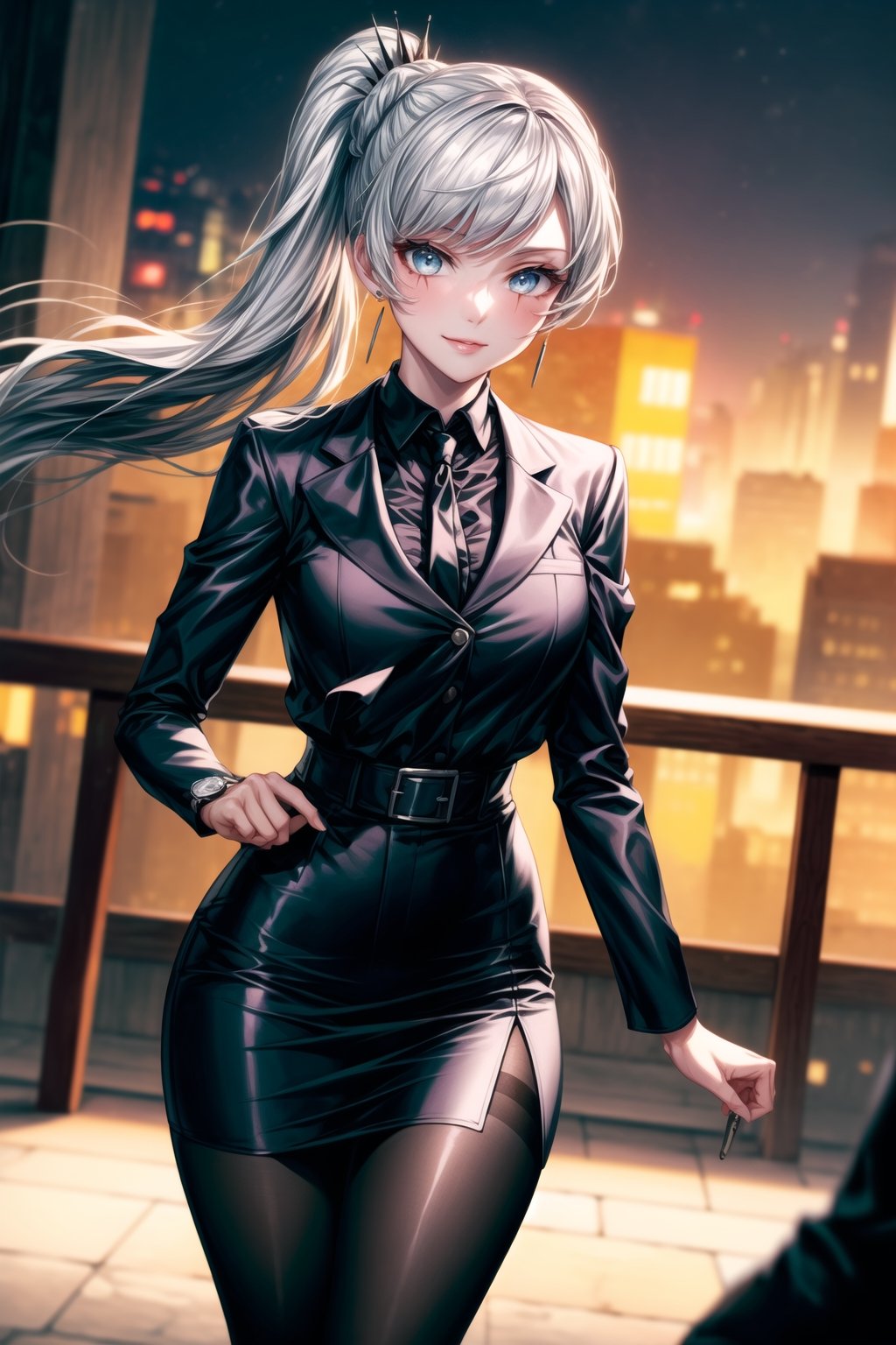 ((best quality)), ((highly detailed)), masterpiece, ((official art)),weiss schnee, side ponytail, scar across eye,white hair,outdoors,city,(glowing eyes),(floating hair),(high-waist skirt:1.2),(black skirt:1.2),(black necktie:1.1),(seductive smile),(closed mouth),(lips:1.2),jewelry, wristwatch, skirt, solo, (cowboy shot:1.2),standing, pencil skirt,  belt, (earrings:1.1), collared shirt, ,office lady,(formal:1.1), shirt tucked in, (skirt suit),black pantyhose, dress shirt, intricately detailed, hyperdetailed, blurry background,depth of field, best quality, masterpiece, intricate details, tonemapping, sharp focus, hyper detailed, trending on Artstation,1 girl, high res, official art,beautiful detailed eyes