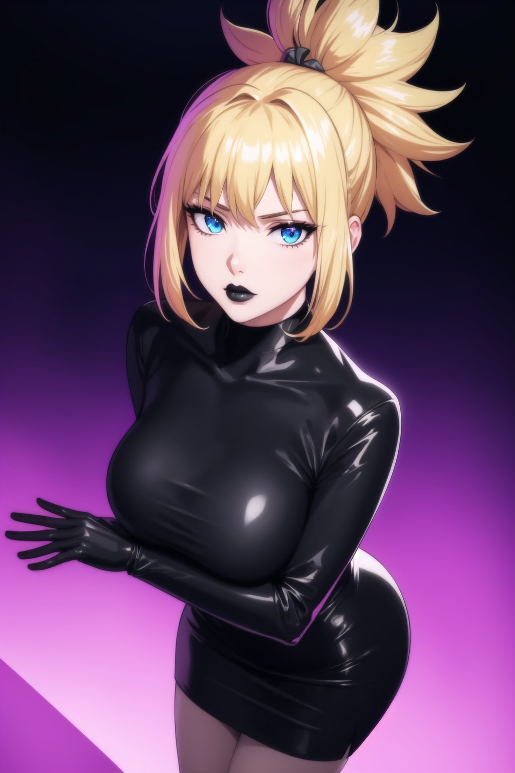 (best quality), (highly detailed), masterpiece, (official art),  kohaku, blonde hair, blue eyes, hair ornament, ponytail, solo,  lips:1.2, black lips:1.4, lipstick:1.2, skirt, black turtleneck shirt, black shirt, latex:1.2, gloves, pencil_skirt, shirt, black gloves, standing, looking at viewer, breasts, black skirt, looking at viewer, (/nightclub scene, neon lights), , club, (nigth club), ,hd quality, perfect face ,realistic, realistic body , perfect face sync,night club,StandingAtAttention,marinette,night club,b1mb0, 