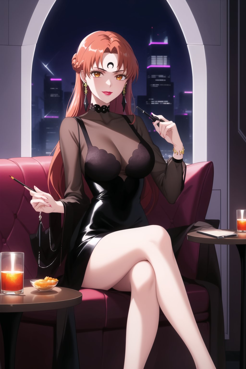 (best quality), (highly detailed), masterpiece, (official art), makeup, ((black moon, forehead mark, crescent facial mark, black crystal earrings)), jewelry, aged up, evil smile, lips, lipstick, asuna yuuki, long hair, orange hair, red hair, brown eyes, looking at viewer,  dress, jewelry, see-through, facial mark, moon,  aged up, forehead mark, crescent facial mark, crystal earrings,  sitting, crossed_legs_(sitting),
Modern luxury lounge with dim lighting, featuring sleek black leather sofas, glass tables, and soft ambient lighting from wall sconces. A large window in the background reveals a city skyline at night, adding a touch of sophistication to the scene,