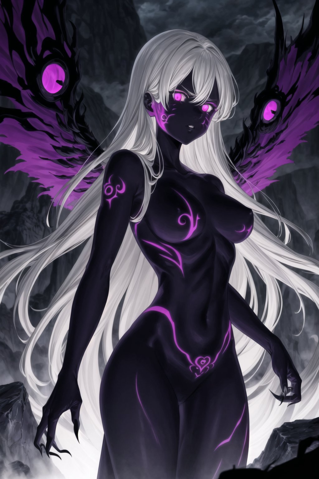 monochrome,greyscale,(tattoo,facial mark,aura,glowing,bodypaint,smoke,dark aura:1.2),1girl,long hair,medium breasts,black hair,angry,purple eyes,wings,claws,looking at viewer,nude,censored,armor,convenient censoring,Elizabeth, black hair, lips, ruler of hell, stands as a malevolent dictator, her long hair flowing like darkness itself, gradient from white to dark, framing her cold gaze. Her elaborate gown, adorned with sinister symbols and glowing red accents, reflects her dominance and cruelty. The background features a hellish landscape: rivers of lava, jagged rocks, tormented souls, and dark clouds with lightning. Eerie, red and black glows illuminate the scene, capturing the dark and oppressive atmosphere of her dominion.