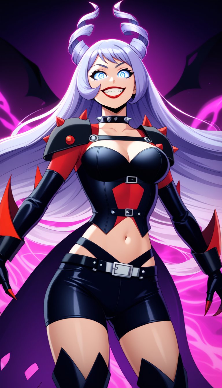 score_9, score_8_up, score_7_up, intricate details,1girl, nejire hado, solo, long hair, blue hair, flowing hair, luscious hair, jokerized, wide smile, evil grin, crazy eyes, teeth, red lips, shining glossy skin, constricted pupils, glowing eyes, sinister expression, wearing black leather corset, tight dark outfit, spiked shoulder pads, thigh-high boots, high heels, exposed midriff, body harness, leather straps, sharp claws, metallic accessories, dark energy, purple aura, black cape, flowing cape, torn cape, spiked choker, dark gauntlets, glowing veins, glowing purple lines, villainess, full body, dynamic lighting, high contrast, villainous aura, dramatic pose, smirk