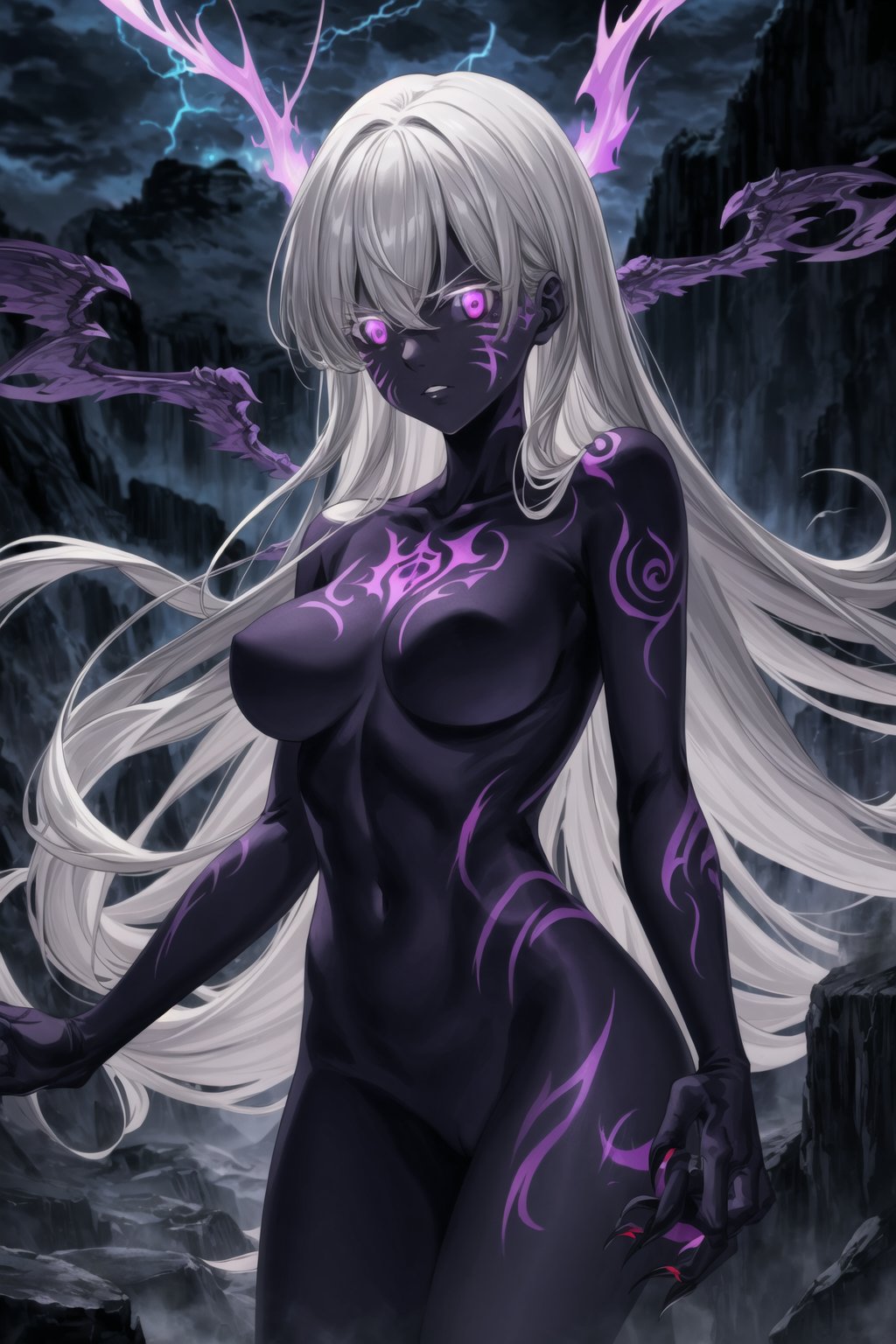 (tattoo,facial mark,aura,glowing,bodypaint,smoke,dark aura:1.2),1girl,long hair,medium breasts,black hair,angry,purple eyes,wings,claws,looking at viewer,nude,censored,armor,convenient censoring,Elizabeth, black hair, lips, ruler of hell, stands as a malevolent dictator, her long hair flowing like darkness itself, gradient from white to dark, framing her cold gaze. Her elaborate gown, adorned with sinister symbols and glowing red accents, reflects her dominance and cruelty. The background features a hellish landscape: rivers of lava, jagged rocks, tormented souls, and dark clouds with lightning. Eerie, red and black glows illuminate the scene, capturing the dark and oppressive atmosphere of her dominion.