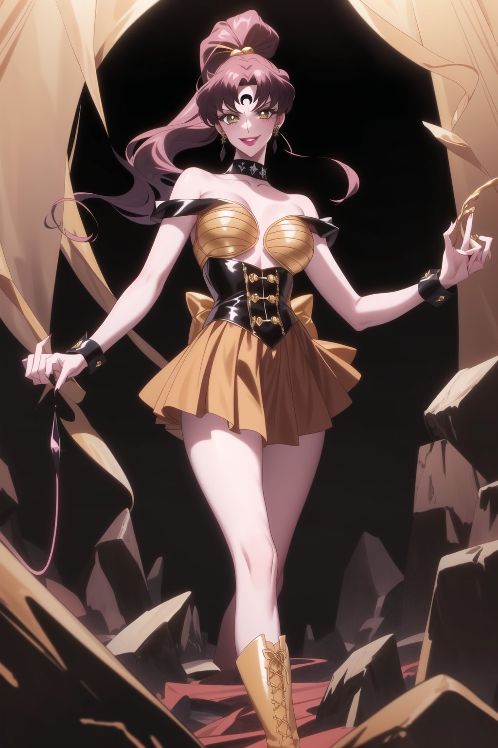 (best quality), (highly detailed), masterpiece, (official art), hmjupiter, green eyes, ponytail, brown hair, makeup, ((forehead mark, crescent facial mark, black crystal earrings)), aged up, evil smile, lips, lipstick, posing, anime coloring, ((Brunette Wig, Gold Bow, Black Crystal Earrings, Black Marker for Crescent, Gold Bustier, Gold Wrist Cuffs, Red Pleated Skirt, Gold Boots, Whip)), , A dark and mysterious female character inspired by the style of classic anime. She has an evil face with an evil smile, giving her an imposing and intimidating presence. The overall atmosphere is dark and mysterious, with a sense of power and control emanating from her posture.