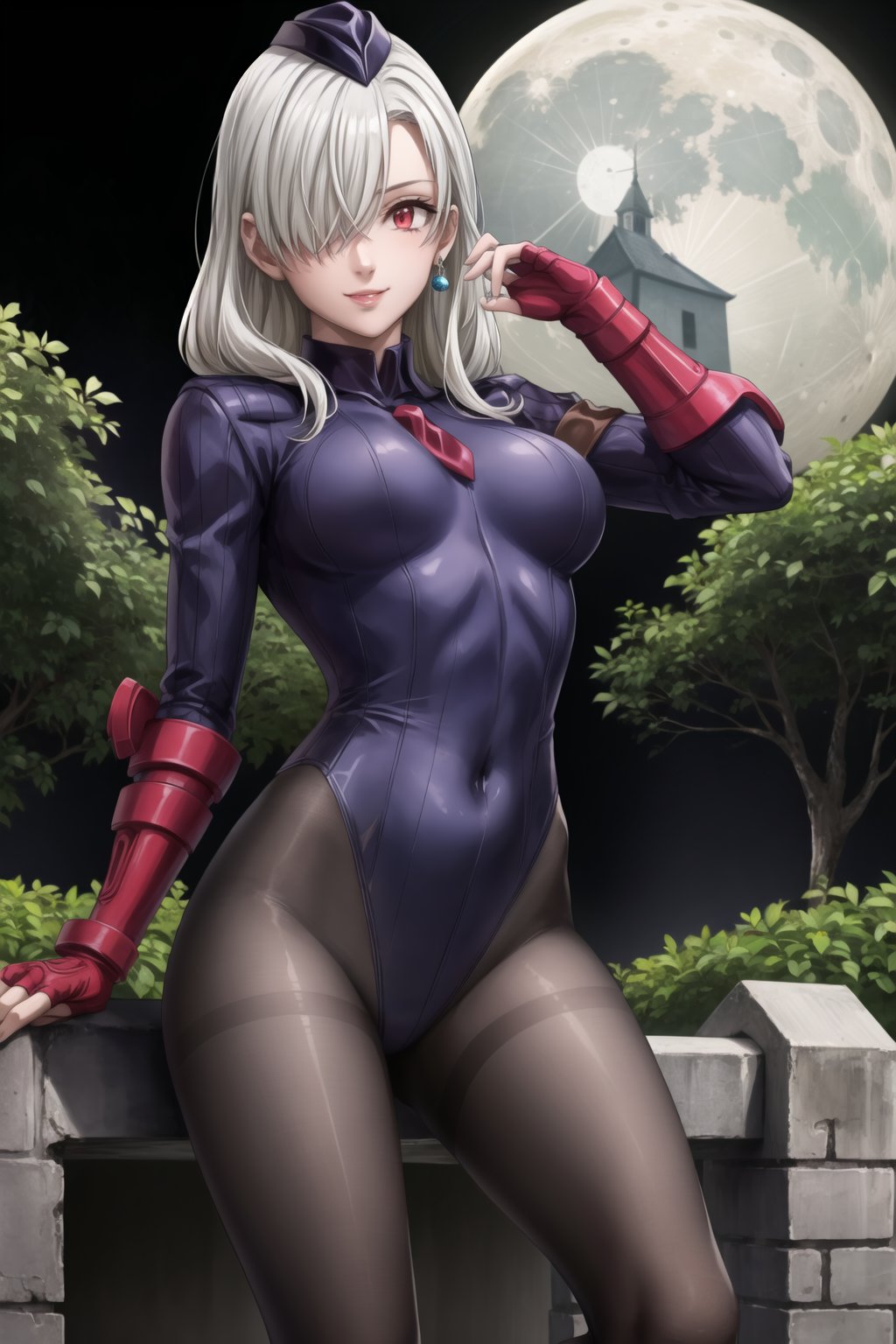 ((best quality)), ((highly detailed)), masterpiece, ((official art)), elizabeth, long hair, red eyes, white hair, hair over one eye, single earring, posing, lips, night, moon, ( evil smile), ((black leotard)),yellow necktie, pantyhose, shoulder pads, (shadaloo doll), (long_sleeves), 1girl, posing, forest, ,shadaloo doll