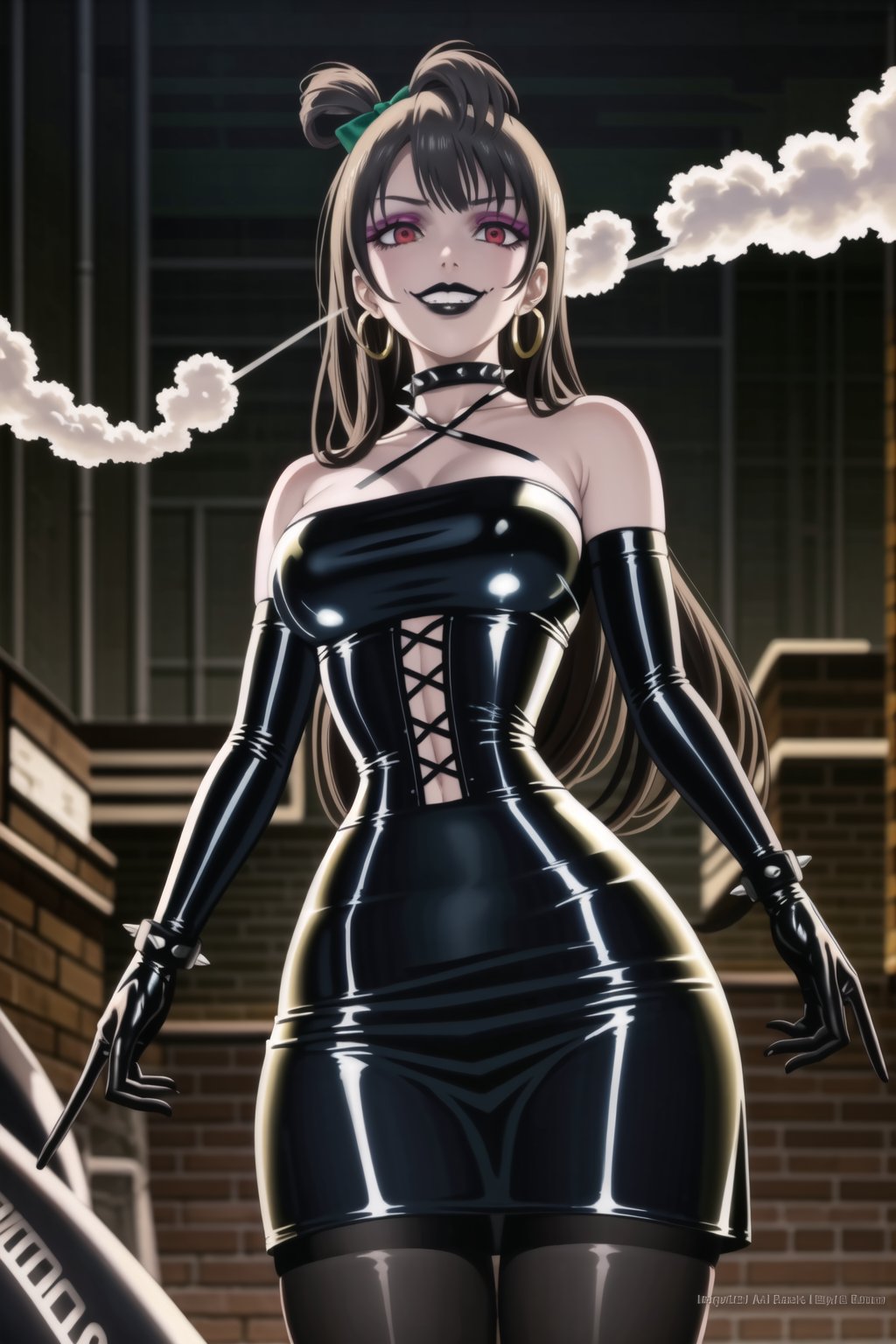 ((best quality)),  ((highly detailed)),  masterpiece,(Black lips:1.4), (white skin:1.4), ((official art)),  detailed face,  beautiful face, (cross-laced clothes:1.3), narrow_waist:1.3, dominatrix:1.4 , (intricate Black dress:1.4), (detailed eyes,  deep eyes),science fiction, cyberpunk:1.3, street,  pose:1.3, smoke:1.3, holding cigarette:1.3, smoking:1.2,((smirk, grin, naughty face, seductive smile, smug)) ,cowboy shot,(lips), minami kotori, long hair,  bangs, hair bow, green bow, (red eyes:1.3),   (spiked bracelet), corset:1.4, (black hoop earring:1.3), curvaceous, voluptuous body, (makeup:1.5) (lips:1.3), (latex:1.3),  (black tube top:1.2), gloves,(elbow gloves:1.2), skirt, black choker, pencil skirt, pantyhose, miniskirt, (black skirt), black gloves, black legwear, black nails,large breasts:1.2, (intricately detailed, hyperdetailed), blurry background, depth of field, best quality, masterpiece, intricate details, tonemapping, sharp focus, hyper detailed, trending on Artstation, 1 girl, solo, high res, official art,,<lora:659111690174031528:1.0>