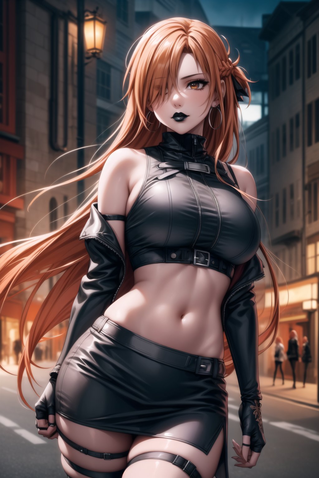 ((best quality)), ((highly detailed)), masterpiece, ((official art)), detailed face, beautiful face, (detailed eyes, deep eyes), seductive posing, (cowboy shot),aaasuna, long hair, brown hair,braid, brown eyes,  (sexy:1.3),  (long straight red hair, orange hair, long straight hair, hair covering one eye:1.3), (makeup, black lips:1.3),( pale white skin, very white skin, goth, long eyelashes), medium to big breasts, black gloves, black jacket:1.2, black skirt:1.2, closed mouth, cowboy shot, ((turtleneck, black crop top)), hoop earrings, fingerless gloves, gloves, highres, black leather jacket, jewelry, , midriff, miniskirt, navel, pencil skirt, skirt, solo, standing, stomach, striped, striped bow, thigh strap, city street, nighttime, intricately detailed, hyperdetailed, blurry background, depth of field, best quality, masterpiece, intricate details, tonemapping, sharp focus, hyper detailed, trending on Artstation, 1 girl, high res, official art,asuna yuuki