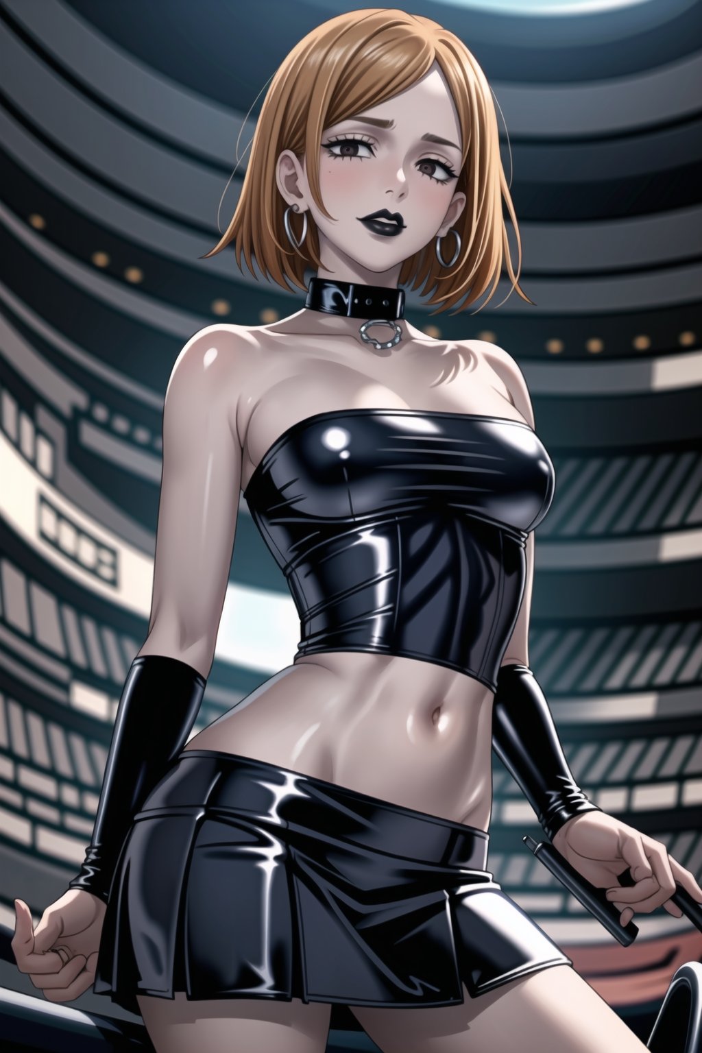 ((best quality)), ((highly detailed)), masterpiece, (Black lips:1.4), ((official art)), detailed face, beautiful face, nobara kugisaki, brown hair, Orange hair, black eyes,(lips), 1girl, solo,  looking at viewer, earrings, jewelry, blush, collarbone, jewlery, ((miniskirt)),(latex:1.4), navel, (black tank top), ((strapless:1.2)), pleated skirt, ,  (intricately detailed, hyperdetailed), blurry background, depth of field, best quality, masterpiece, intricate details, tonemapping, sharp focus, hyper detailed, trending on Artstation, 1 girl, solo, high res, official art ,collar,b1mb0,StandingAtAttention,empty 
eyes,RockOfSuccubus,,<lora:659111690174031528:1.0>