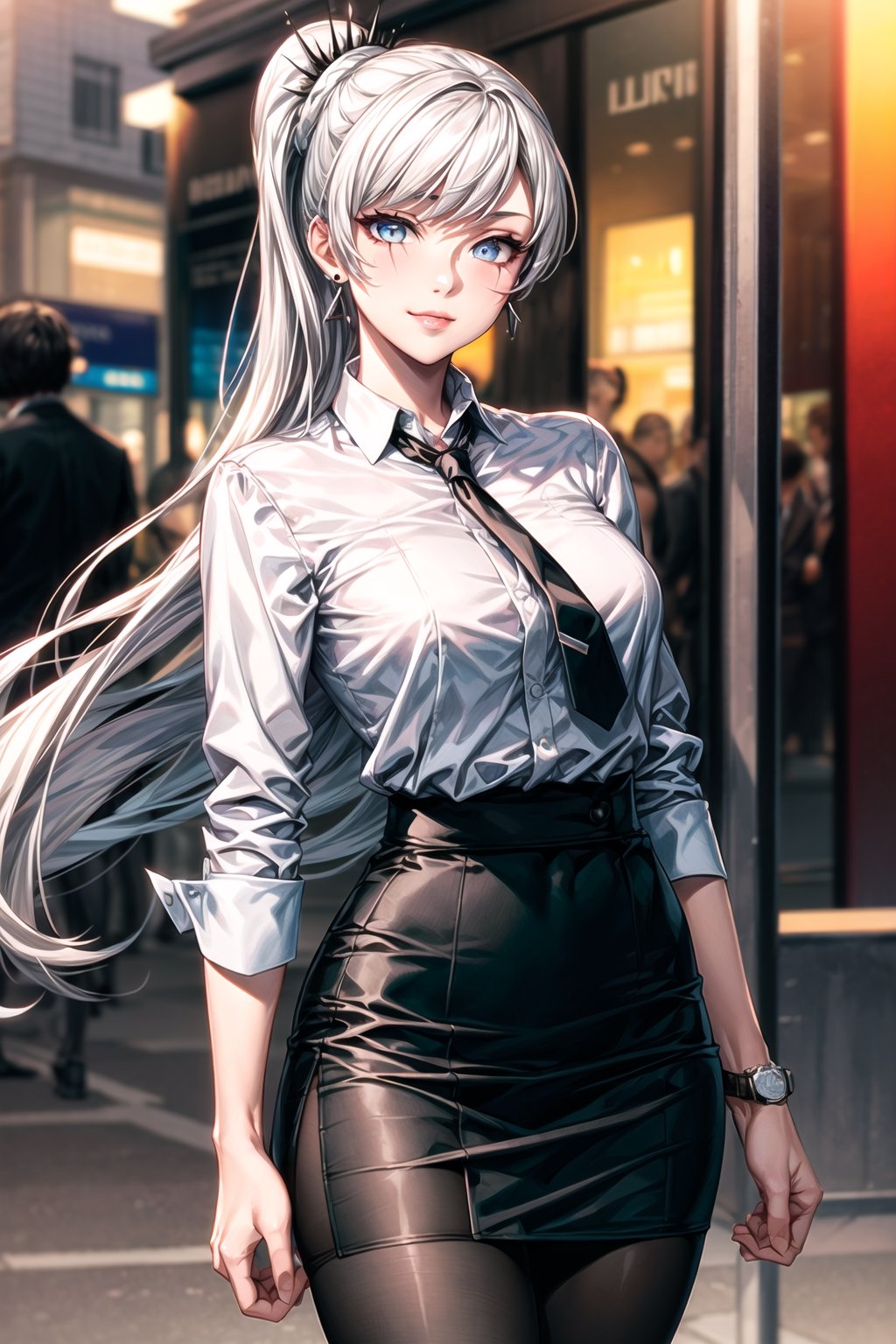 ((best quality)), ((highly detailed)), masterpiece, ((official art)),weiss schnee, side ponytail, scar across eye,white hair,outdoors,city,(glowing eyes),(floating hair),(high-waist skirt:1.2),(black skirt:1.2),(black necktie:1.1),(seductive smile),(closed mouth),(lips:1.2),jewelry, wristwatch, skirt, solo, (cowboy shot:1.2),standing, pencil skirt,  belt, (earrings:1.1), collared shirt, ,office lady,(formal:1.1), shirt tucked in, (skirt suit),black pantyhose, dress shirt, intricately detailed, hyperdetailed, blurry background,depth of field, best quality, masterpiece, intricate details, tonemapping, sharp focus, hyper detailed, trending on Artstation,1 girl, high res, official art,beautiful detailed eyes