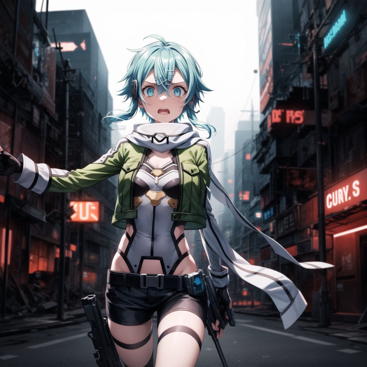 ((Best quality)), masterpiece, Sinon1, (surprised:1.5), (scared:1.5), lips, aiming at viewer, holding pistol, ((Sinon, cyberpunk, hair ornament, hairclip)), ((arms outstretched, pose)), 1girl, bangs, belt pouch, black gloves, black shorts, blue eyes, blue hair, fingerless gloves, green jacket, green legwear, gun, hair between eyes, hair ornament, hairclip, highres, jacket, long sleeves, outdoors, handgun, scarf, shadow, short hair, short hair with long locks, short shorts, shorts, sidelocks, Sinon, pistol, solo, sword art online, weapon, Anime illustration, post-apocalyptic cyberpunk setting, cowboy shot.

Sinon appears out of breath and agitated, with a surprised and scared expression, lips slightly parted, as she senses something or someone behind her. She is holding her handgun, arms outstretched, aiming it at the viewer but glancing over her shoulder with wide, frightened eyes. The background features a ruined cityscape with neon signs, broken buildings, and flickering lights, enhancing the cyberpunk atmosphere. The scene is lit with a mix of neon glows and dark shadows, emphasizing the chaotic and dystopian environment, reinforcing the tension and her heightened sense of alertness.