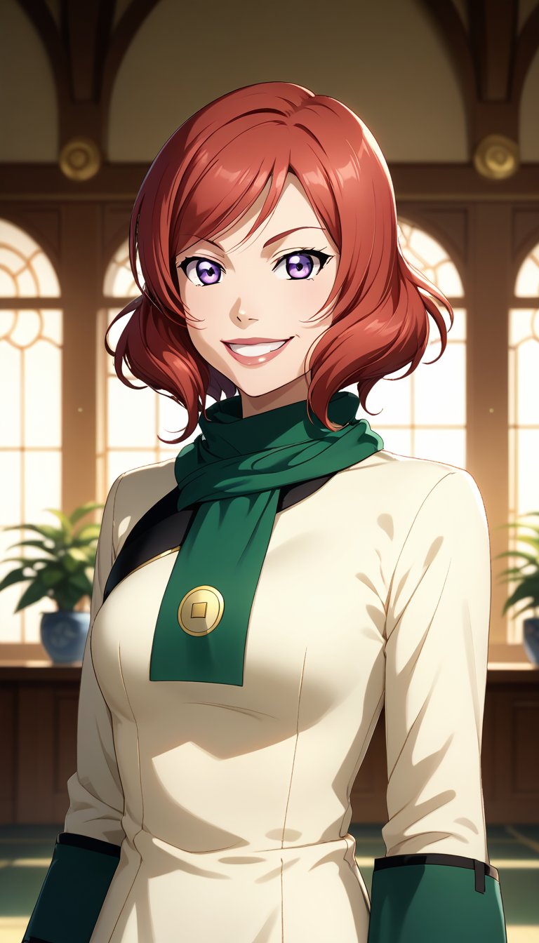 score_9, score_8_up, score_7_up, intricate details,1girl, lovelive_maki, nishikino maki, red hair, short hair, indoors,joo dee, dress, scarf, hair ornament, grin, smile, lips, cowboy shot, smirk, arms at sides, long slevees, holding tray, cowboy shot