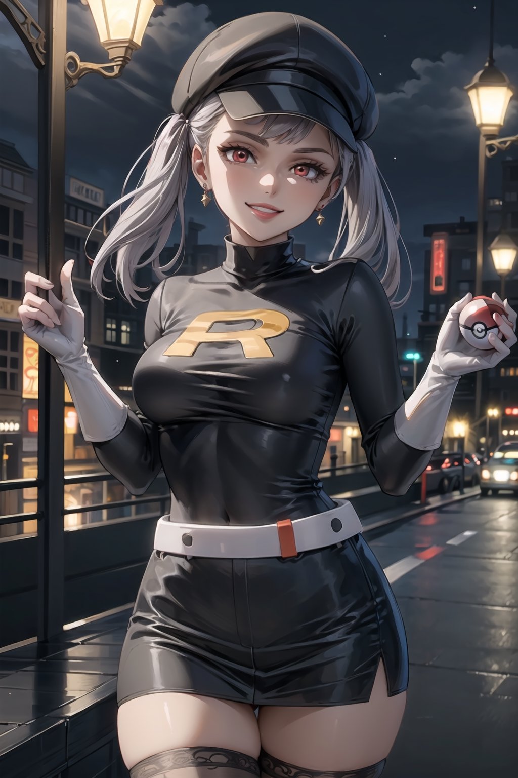 (best quality), (highly detailed), masterpiece, (official art), noelle_silva, silver hair, twintails, bangs, earrings, jewelry,,red eyes, red earrings, poke ball, poke ball (basic), holding poke ball, black headwear, cabbie hat, hat, posing, lips, ( evil smile), ,Grunt Team Rocket, dress, black dress, long sleeves, gloves, elbow gloves, belt, grey belt, skirt, thighhighs, looking at viewer, china, asiática, city, night, sky, (intricately detailed, hyperdetailed), blurry background,depth of field, best quality, masterpiece, intricate details, tonemapping, sharp focus, hyper detailed, trending on Artstation,1 girl, high res, official art,