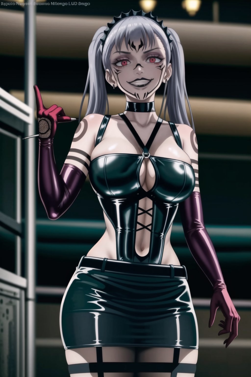 ((best quality)),  ((highly detailed)),  masterpiece, (Black lips:1.4),  ((official art)),  detailed face,  beautiful face, narrow_waist:1.3, dominatrix:1.3,puffy_short_sleeves, (sukunatattoo:1.3, maid:1.4) , (intricate black dress:1.4),top tube,  navel, midriff, (pubic tattoo:1.3), (detailed eyes,  deep eyes),(science fiction, cyberpunk:1.3, street, shopping, dark background),((smirk, grin, naughty face, seductive smile, smug)) ,,(lips), ((noelle_silva, silver hair,twintails, bangs, earrings, jewelry)) ,(red eyes:1.3),  cross-laced clothes:1.3, (spiked bracelet), corset:1.4, hoop earring, curvaceous, voluptuous body, (makeup) (lips:1.3), (latex),  (black tube top:1.2), gloves, elbow gloves, skirt, black choker, belt, pencil skirt, pantyhose, miniskirt, (black skirt), black gloves, black legwear, black choker ,large breasts, (intricately detailed, hyperdetailed), blurry background, depth of field, best quality, masterpiece, intricate details, tonemapping, sharp focus, hyper detailed, trending on Artstation, 1 girl, solo, high res, official art,RockOfSuccubus,,StandingAtAttention,,<lora:659111690174031528:1.0>