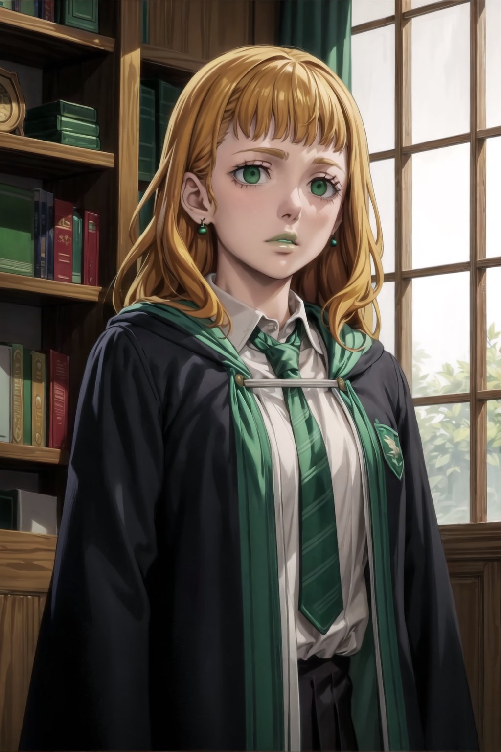 (best quality), (highly detailed), masterpiece, (official art),mimosa vermillion, orange hair, wavy hair , light green eyes, , ((hogrobe)), ((black robe,slytherin)), green tie, magic, (green lips), (lips:1.2), holding tray, tray, earrings, jewlery, expressionless, (best quality), (highly detailed), masterpiece, (official art), green eyes ,(empty eyes), green eyes