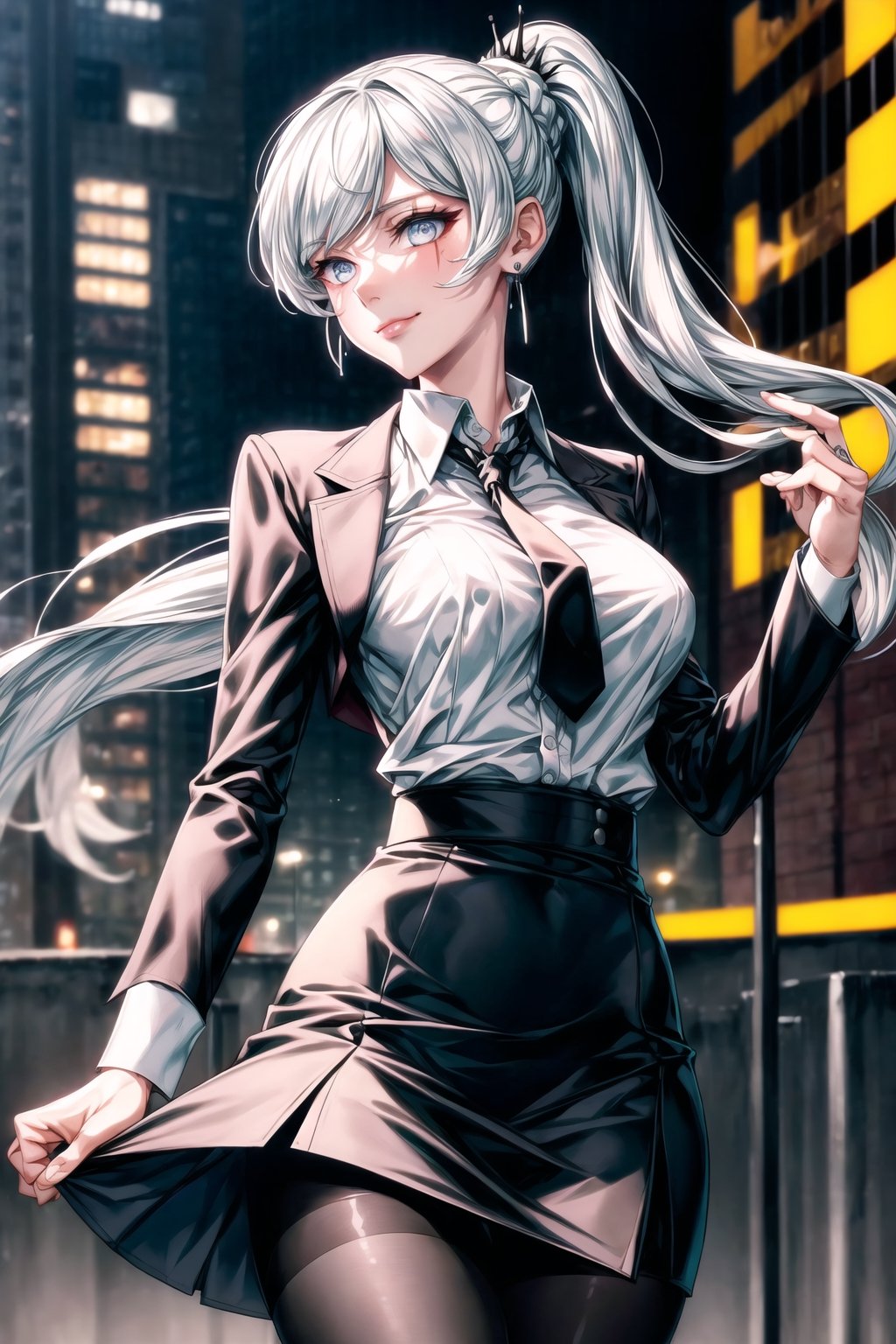 ((best quality)), ((highly detailed)), masterpiece, ((official art)),weiss schnee, side ponytail, scar across eye,white hair,outdoors,city,(glowing eyes),(floating hair),(high-waist skirt:1.2),(black skirt:1.2),(black necktie:1.1),(seductive smile),(closed mouth),(lips:1.2),jewelry, wristwatch, skirt, solo, (cowboy shot:1.2),standing, pencil skirt,  belt, (earrings:1.1), collared shirt, ,office lady,(formal:1.1), shirt tucked in, (skirt suit),black pantyhose, dress shirt, intricately detailed, hyperdetailed, blurry background,depth of field, best quality, masterpiece, intricate details, tonemapping, sharp focus, hyper detailed, trending on Artstation,1 girl, high res, official art,beautiful detailed eyes