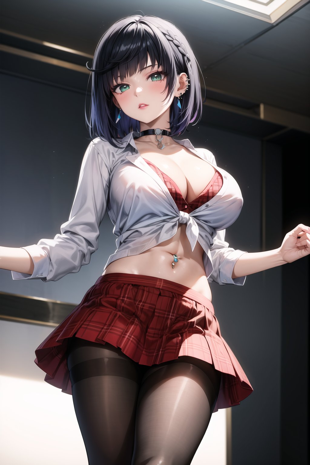 masterpiece,best quality,highres,ultra-detailed, yelan, short hair, diagonal bangs, bob cut, black hair, earrings, white shirt, skirt, large breasts, navel, cleavage, pantyhose,  choker, midriff, miniskirt, lips, plaid, red plaid skirt, piercing, fishnets,  fishnet pantyhose, white tied shirt:1.2, navel piercing, , standing, StandingAtAttention,