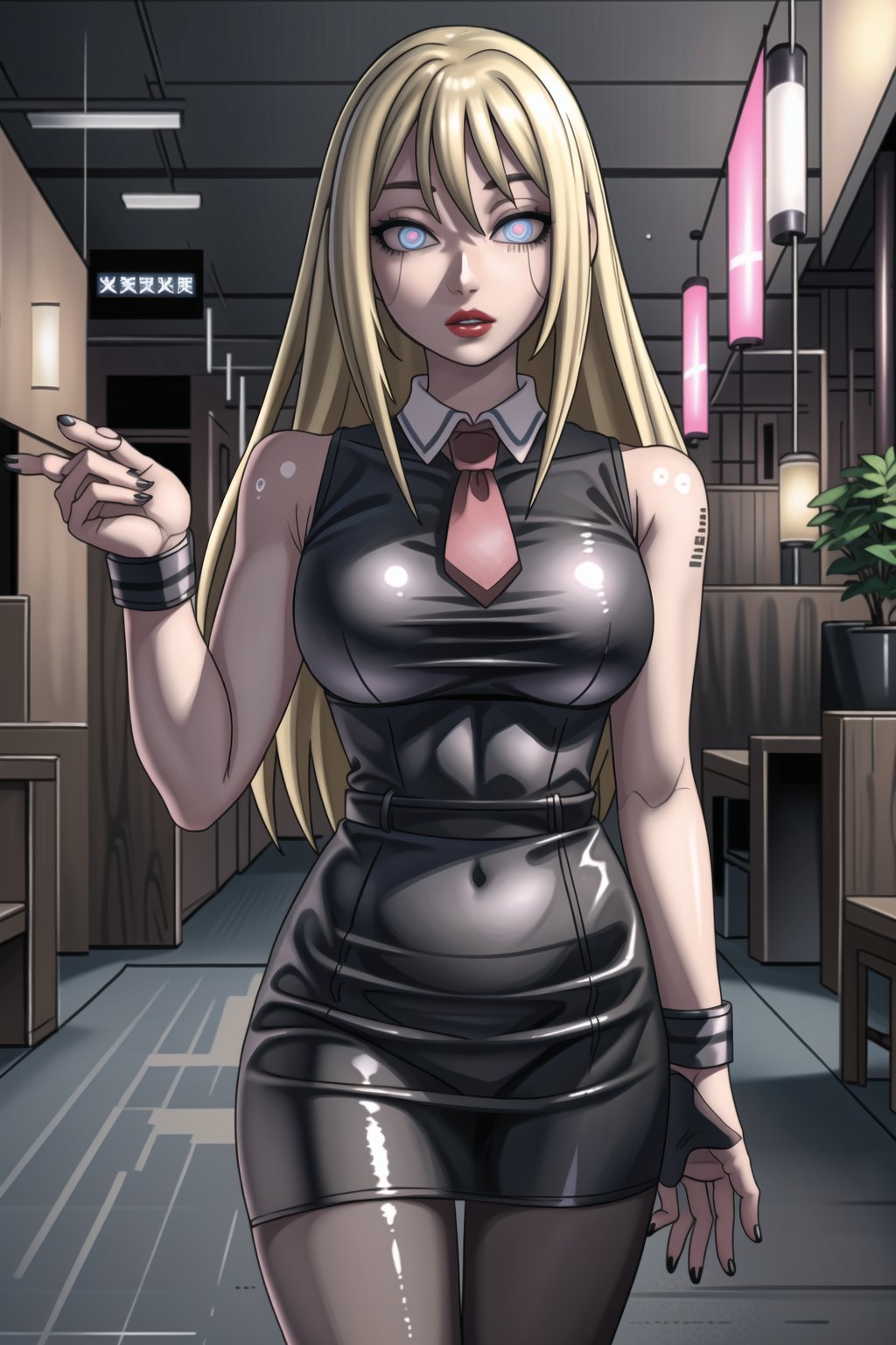 ((best quality)),  ((highly detailed)),  masterpiece,1girl, 1girl, (lips:1.2) , (red lips:1.3) ,arms outstretched ,nail polish, solo, latex:1.2, alternate_costume, (white shirt:1.2), black necktie, shirt, (((sleeveless_shirt,sleeveless))), collared shirt, pencil_skirt, high_waist_skirt, belt, black_skirt,  miniskirt, black_legwear, pantyhose,   black nails, looking at viewer, standing, cowboy shot, bar,outdoor,lamp,nigth,space, office:1.3 ,(boruko),blonde hair, long hair, two-tone-hair, Remodeling, (pink eyes, blue eyes), (glowing eyes), (android:1.1), (barcode:1.3),,diane,,,,,,,<lora:659111690174031528:1.0>