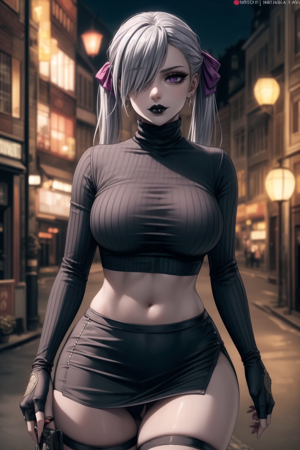 ((best quality)), ((highly detailed)), masterpiece, ((official art)), detailed face, beautiful face, (detailed eyes, deep eyes), seductive posing, (cowboy shot),noelle_silva,silver hair,twintails,bangs,purple eyes,  (sexy:1.3),  (hair covering one eye:1.3), (makeup, black lips:1.3),( pale white skin, very white skin, goth, long eyelashes), medium to big breasts, black gloves, black skirt:1.2, closed mouth, cowboy shot, ((black turtleneck, black crop top)), hoop earrings, fingerless gloves, gloves, highres, jewelry, , midriff, miniskirt, navel, pencil skirt, skirt, solo, standing, stomach, striped, striped bow, thigh strap, city street, nighttime, intricately detailed, hyperdetailed, blurry background, depth of field, best quality, masterpiece, intricate details, tonemapping, sharp focus, hyper detailed, trending on Artstation, 1 girl, high res, official art,