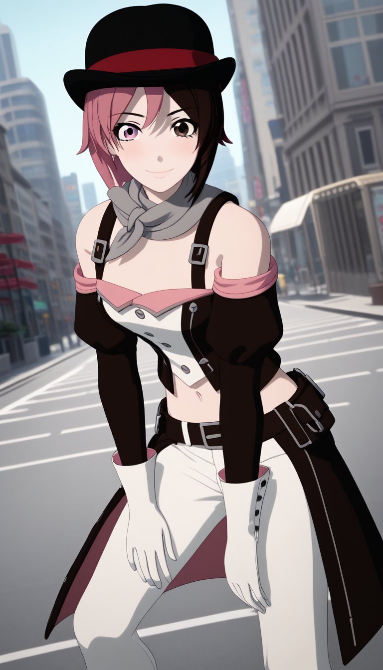 score_9, score_8_up, score_7_up, intricate details, ruby rose, short hair,  brown hair, brown eyes, pink hair, multicolored hair, pink eyes, two-tone hair, heterochromia, split-color hair,, evil smile,,gloves, hat, navel, brown eyes, detached sleeves, midriff, belt, pants, white gloves, black headwear, bowler hat,, cityscape, street, bent over, smile, looking at viewer, solo, cowboy shot, dutch angle