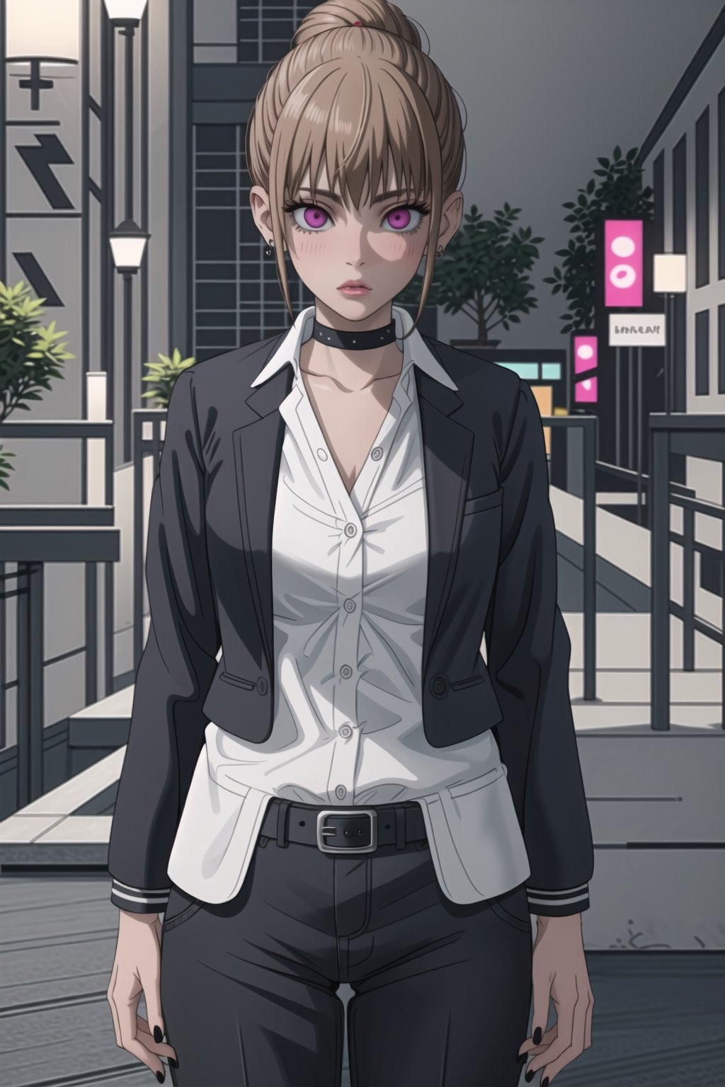 ((best quality)),  ((highly detailed)),  masterpiece,1girl, 1girl, (lips:1.2), expressionless,nail polish, solo,   black pants,  formal,  black jacket,  open jacket,  (white shirt),  belt, ,  black jacket, (black suit),  long sleeves,  shirt tucked in,, (black choker), blush, earrings, black nails, looking at viewer, standing, cowboy shot, fingernails,  bar,outdoor,lamp,nigth,space, alcohol, purple nails, wristband ,Nanako,  brown hair,  pink eyes, jewelry, hair bun, single hair bun,  gyaru,StandingAtAttention,<lora:659111690174031528:1.0>