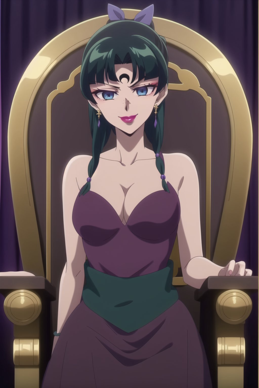 (best quality), (highly detailed), masterpiece, (official art), maomao,1girl,blunt bangs,green hair,blue eyes,sidelocks,twin braids,hair over shoulder,hair beads,half updo,single hair bun,hair ribbon,freckles, forehead mark, crescent facial mark, black crystal earrings, aged up, evil smile, lips, lipstick, posing, anime coloring, skirt, black hair, cleavage, jewelry, medium breasts, earrings, sleeveless, black eyes, makeup, lipstick, forehead mark, purple lips, pearl (gemstone), tomoe hotaru,,  sitting, throne,