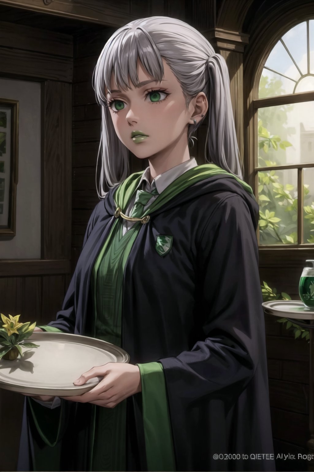 (best quality), (highly detailed), masterpiece, (official art),noelle_silva, twintails, bangs, silver hair , light green eyes, , ((hogrobe)), ((black robe,slytherin)), green tie, magic, (green lips), (lips:1.2), holding tray, tray, earrings, jewlery, expressionless, (best quality), (highly detailed), masterpiece, (official art), green eyes ,(empty eyes)