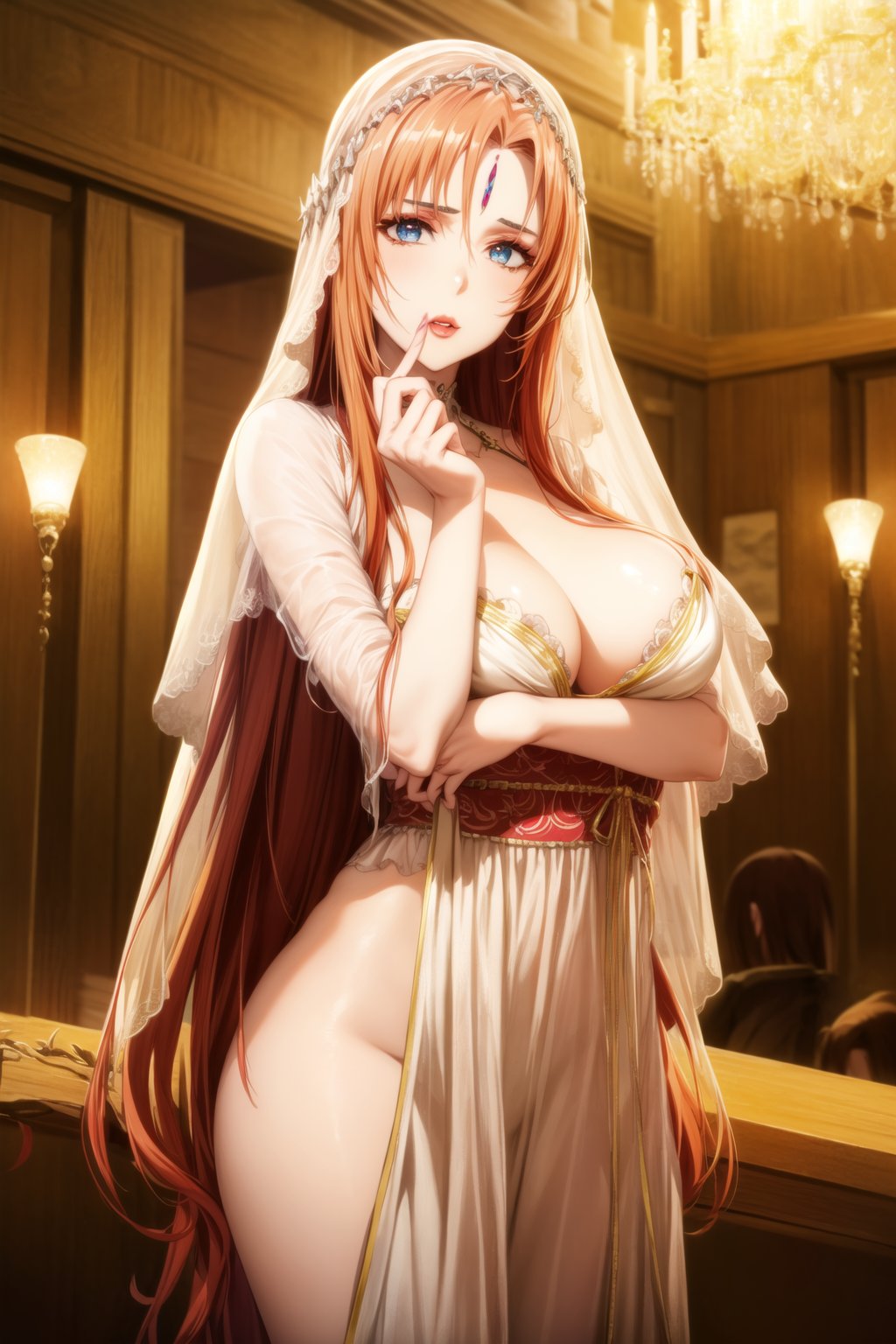 ((best quality)), ((highly detailed)), masterpiece, ((official art)), detailed face, beautiful face, (detailed eyes, deep eyes), seductive posing, (cowboy shot),asuna yuuki, long hair, brown hair, orange hair, red hair, empty eyes:1.2, v3il, face veil, (forehead jewel opal), crystal head veil, (cowboy shot), eyeliner, eyeshadow, makeup, ,ethereal nightgown, (sash), (cowboy shot), grand hall, . shallow depth of field, vignette, highly detailed, high budget, bokeh, cinemascope, moody, epic, gorgeous, film grain, grainy,jyojifuku,asuna yuuki, veil, see-through