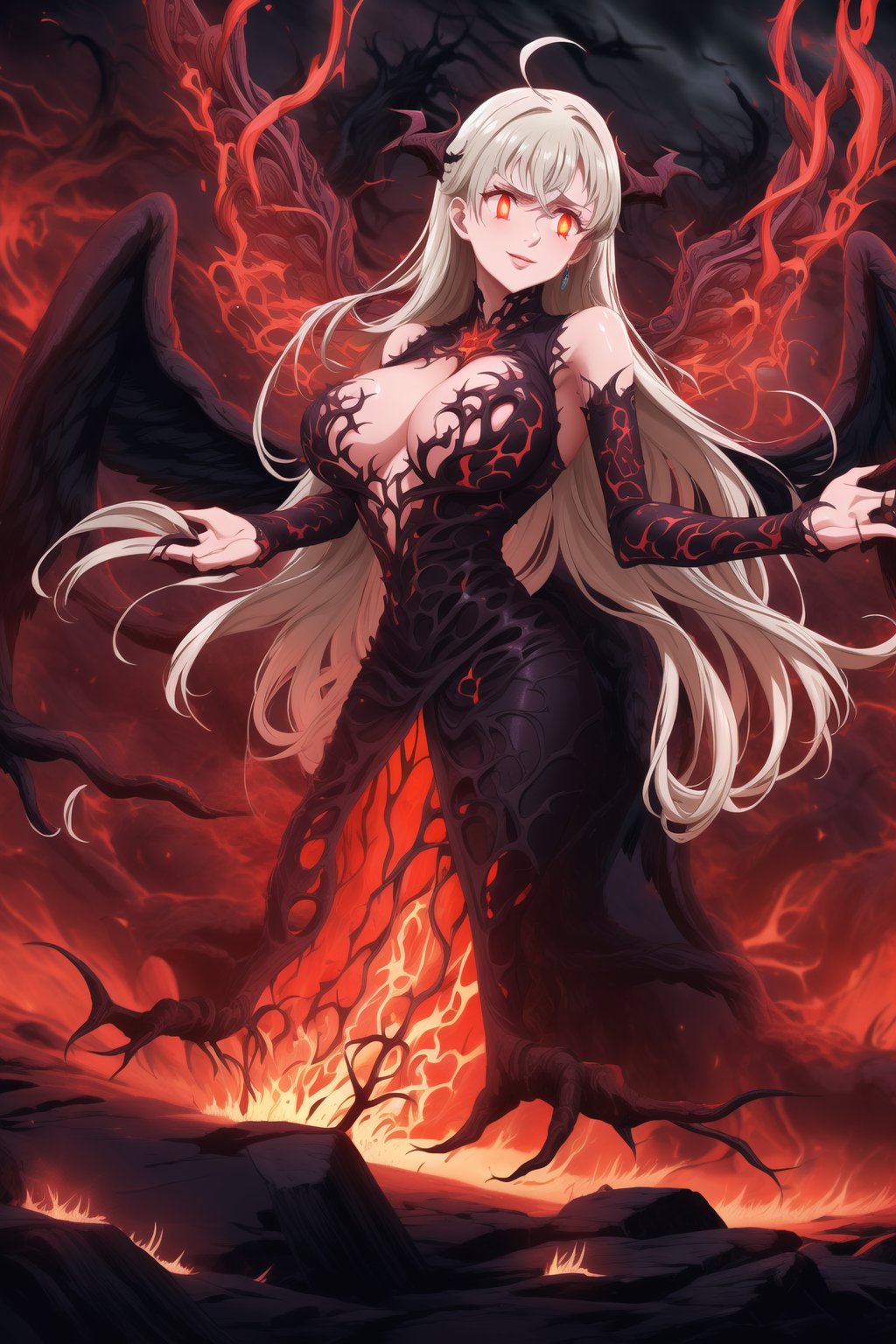 A masterpiece of dark fantasy: elizabeth, malevolent demon, lips curled into an evil smile, long flowing white hair cascading down her back like a fiery waterfall. Her delicate ahoge and intricate black gown billow softly as she floats amidst hell's fiery depths. Black wings spread wide behind her, emitting a darkness-infused light that adds to her ominous presence. Red eyes gleam with malevolent intent as she stands poised, arms outstretched in a violent welcome. Softly glowing fire illuminates her figure, while rays of dark light pierce the heavens above, casting an eerie glow on Rias' demonic form. The hellish landscape before her is bathed in red hues, as if infernal flames are breaking through to create this haunting atmosphere.