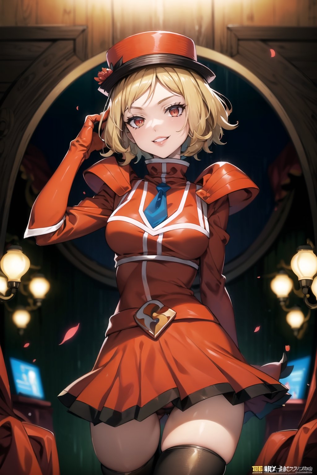 (best quality), (highly detailed), masterpiece, (official art),serena, hat, red hat , short hair, red eyes, (team flare:1.2), gloves,juliet_sleeves, long_sleeves , pleated skirt, thighhighs, hat, thigh boots, dress, belt, red dress, pantyhose, (lips:1.2), grin, smirk, (seductive pose:1.2), cowboy shot, looking at viewer, indoors, blurry background,depth of field, best quality, masterpiece, intricate details, tonemapping, sharp focus, hyper detailed, trending on Artstation,