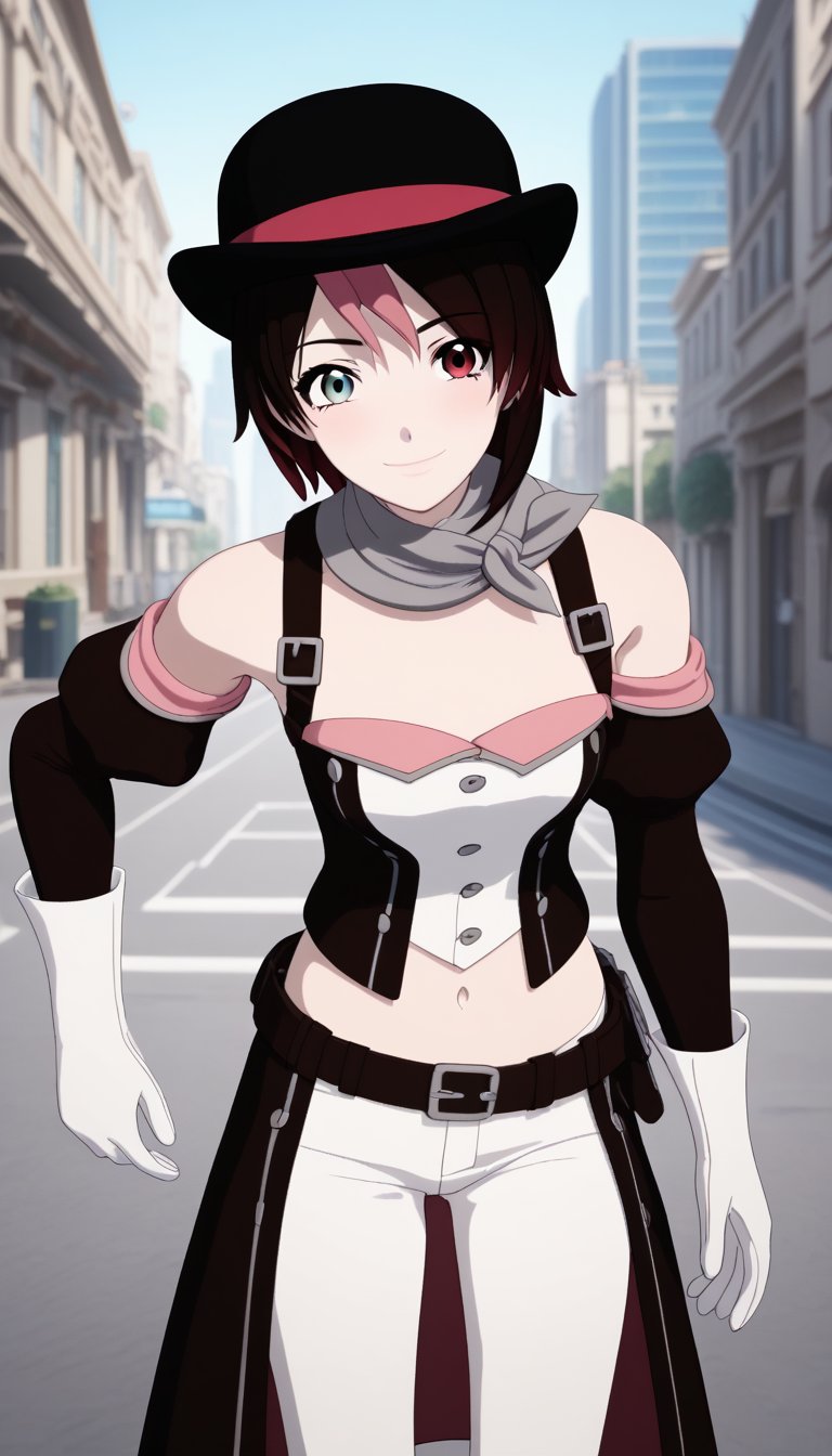 score_9, score_8_up, score_7_up, intricate details, ruby rose, short hair,  brown hair, brown eyes, pink hair, multicolored hair, pink eyes, two-tone hair, heterochromia, split-color hair,, evil smile,,gloves, hat, navel, brown eyes, detached sleeves, midriff, belt, pants, white gloves, black headwear, bowler hat,, cityscape, street, bent over, smile, looking at viewer, solo, cowboy shot, dutch angle