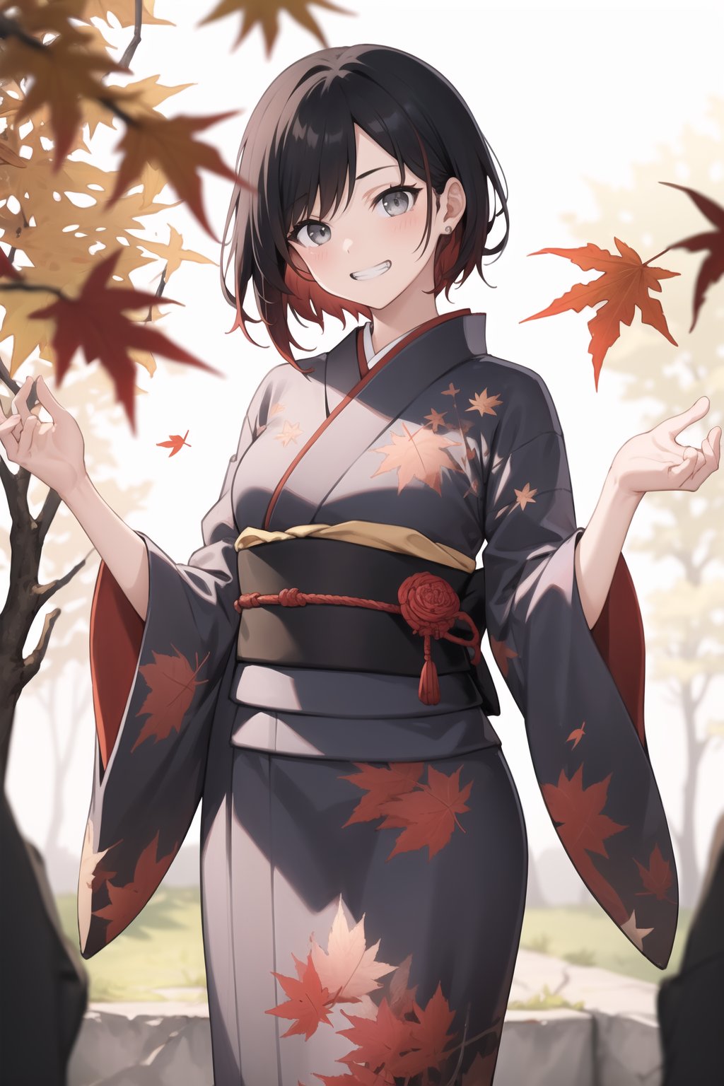 ((best quality)), ((highly detailed)), masterpiece, 1 girl, ruby rose, short hair, BREAK, grin, smirk, kimono, momiji, maple_leaves, japanese maple tree, minimalism, (cowboy shot:1.2), standing, , intricately detailed, hyperdetailed, blurry background, depth of field, best quality, masterpiece, intricate details, tonemapping, sharp focus, hyper detailed, trending on Artstation, 1 girl, high res, official art,