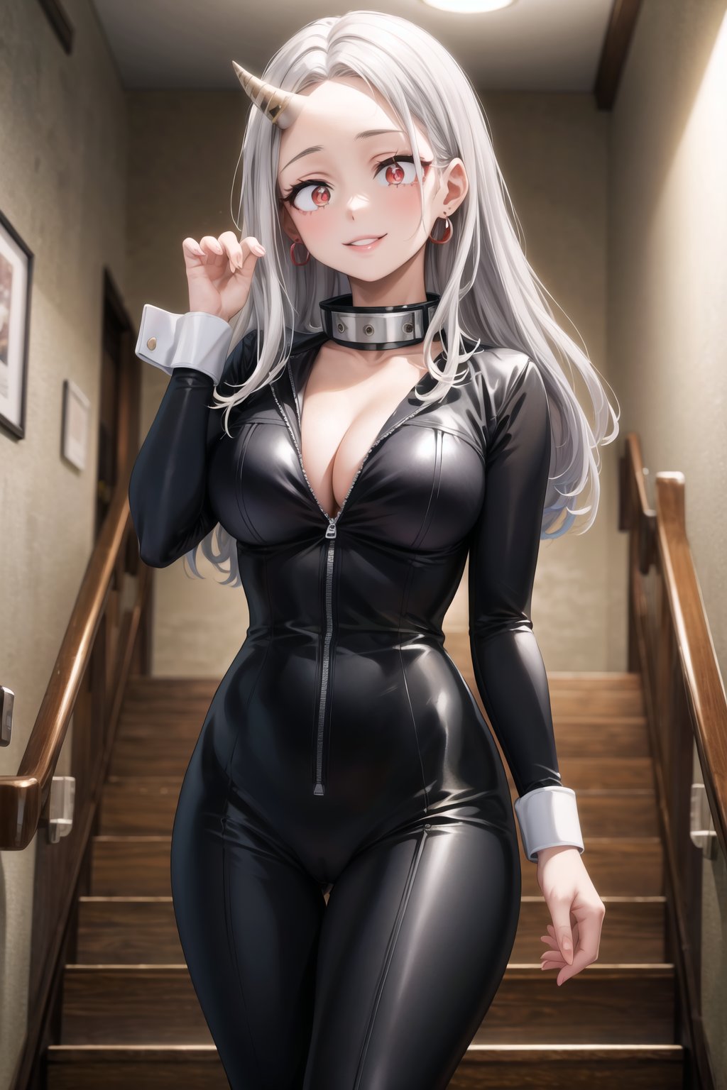 masterpiece,best quality,highres,ultra-detailed, eri, long hair, (red eyes:1.5), grey hair, horns, child, single horn, female child, pose, hoop earring, long_sleeves,large breasts, seductive smile, collar, (((black bodysuit, wrist cuffs))), latex:1.2, large breasts, cleavage,indoors,school, hallway, staircase,standing